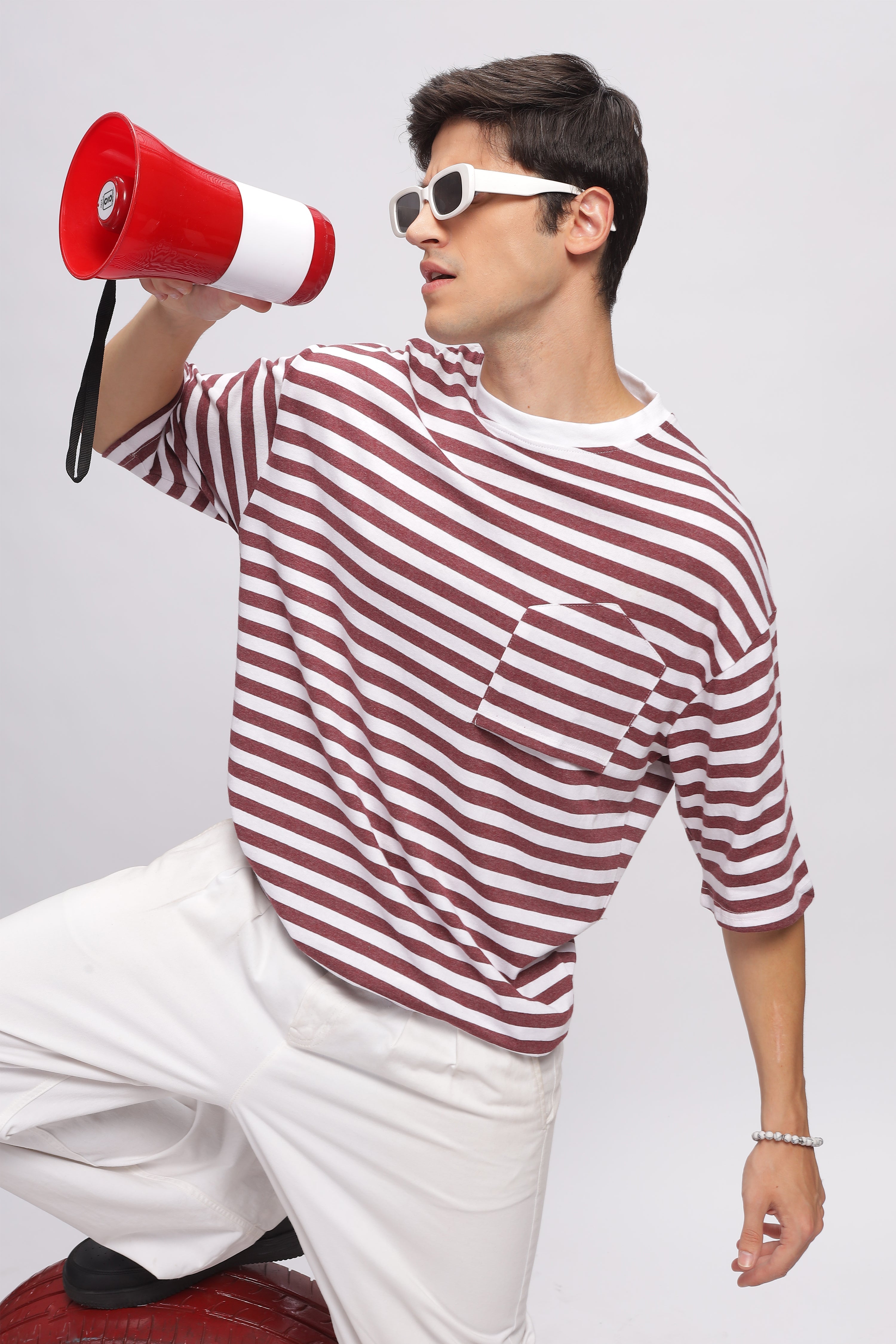 White Brown Oversized Striped Pocket T-Shirt