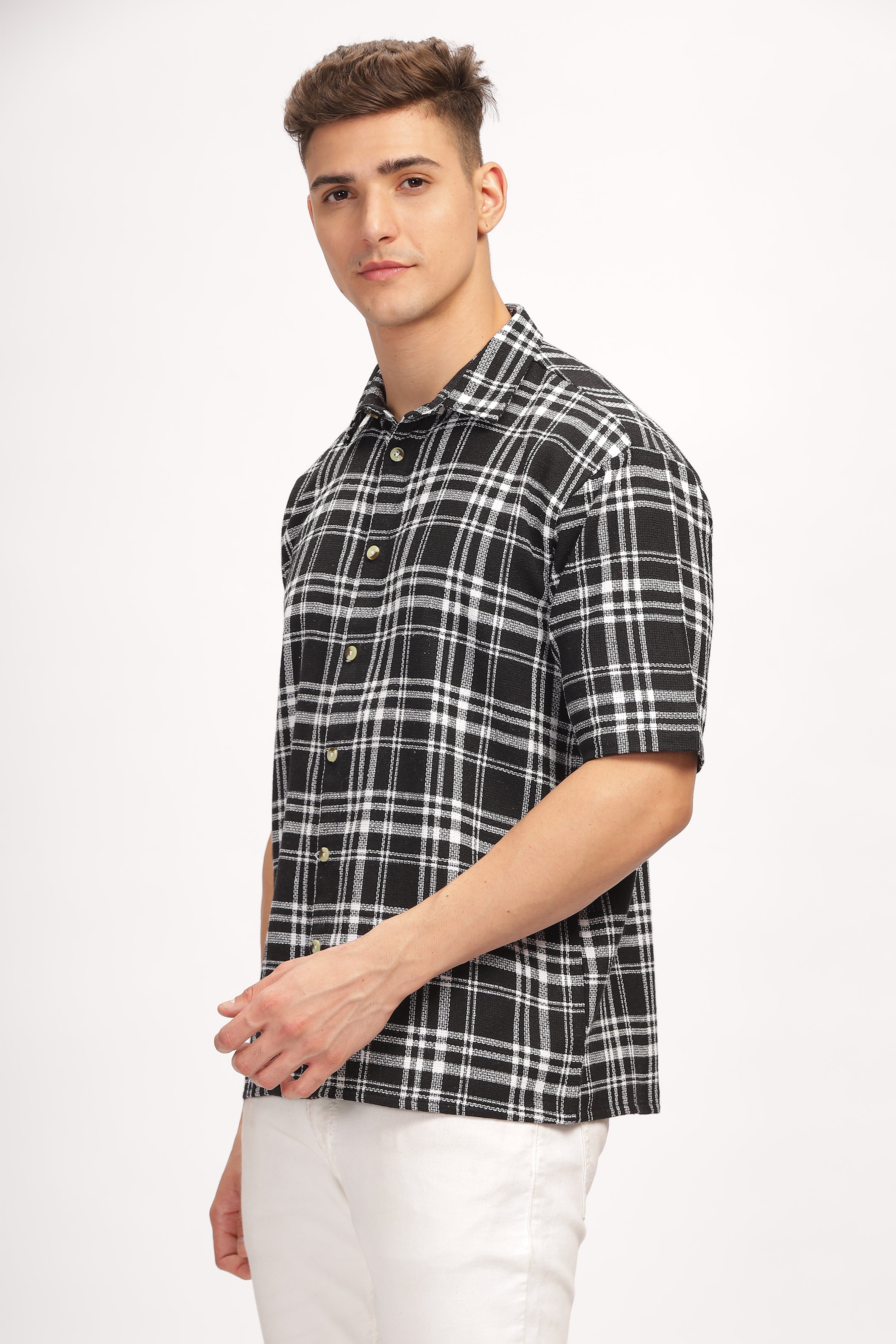 Black Self Design Check Shirt