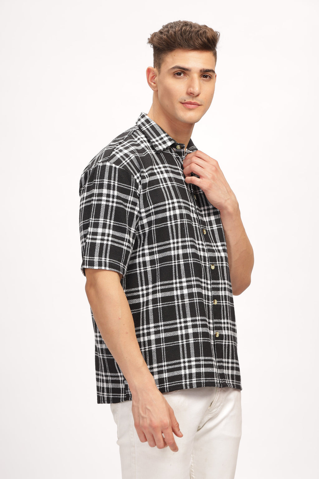 Black Self Design Check Shirt