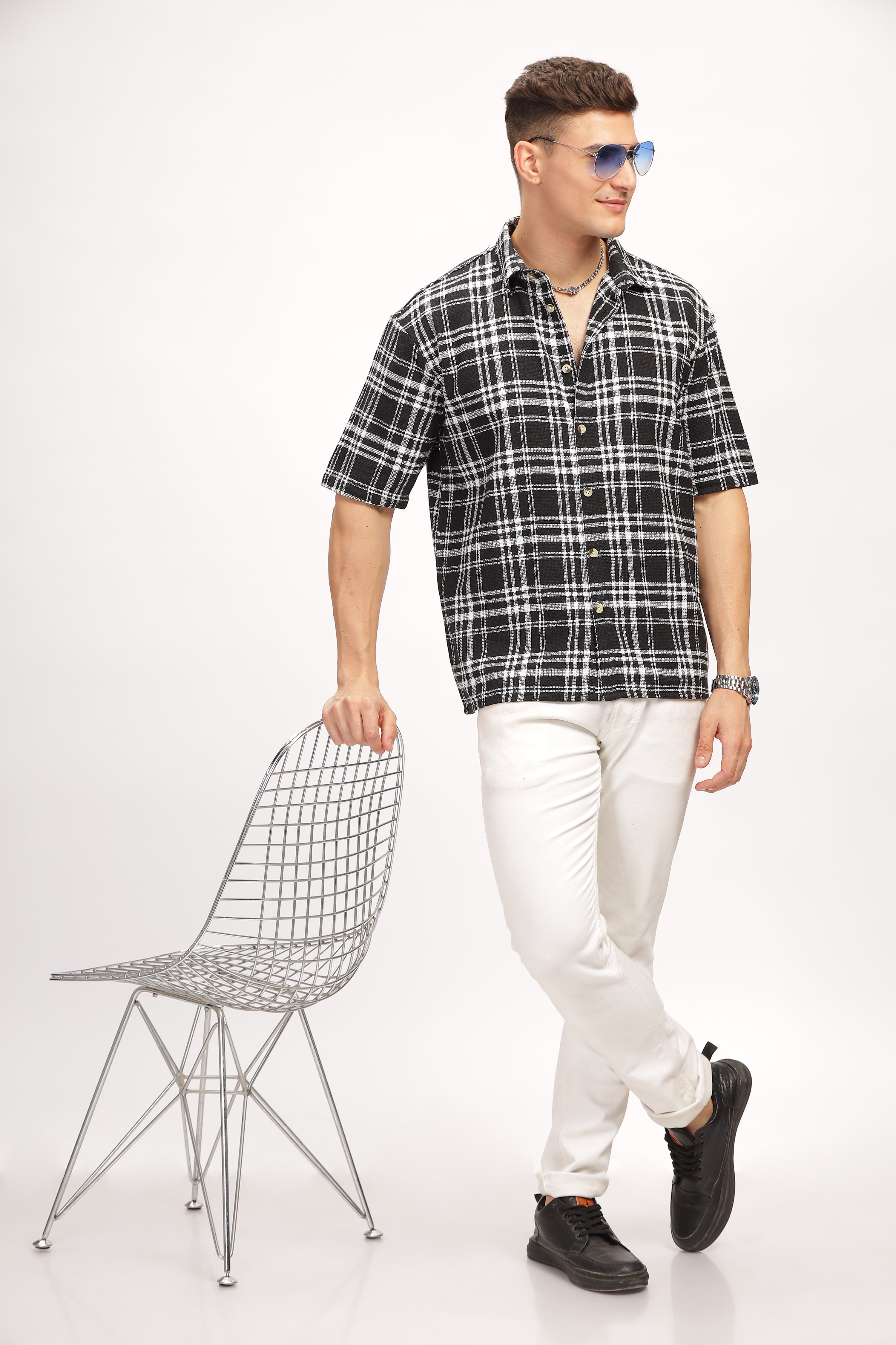 Black Self Design Check Shirt