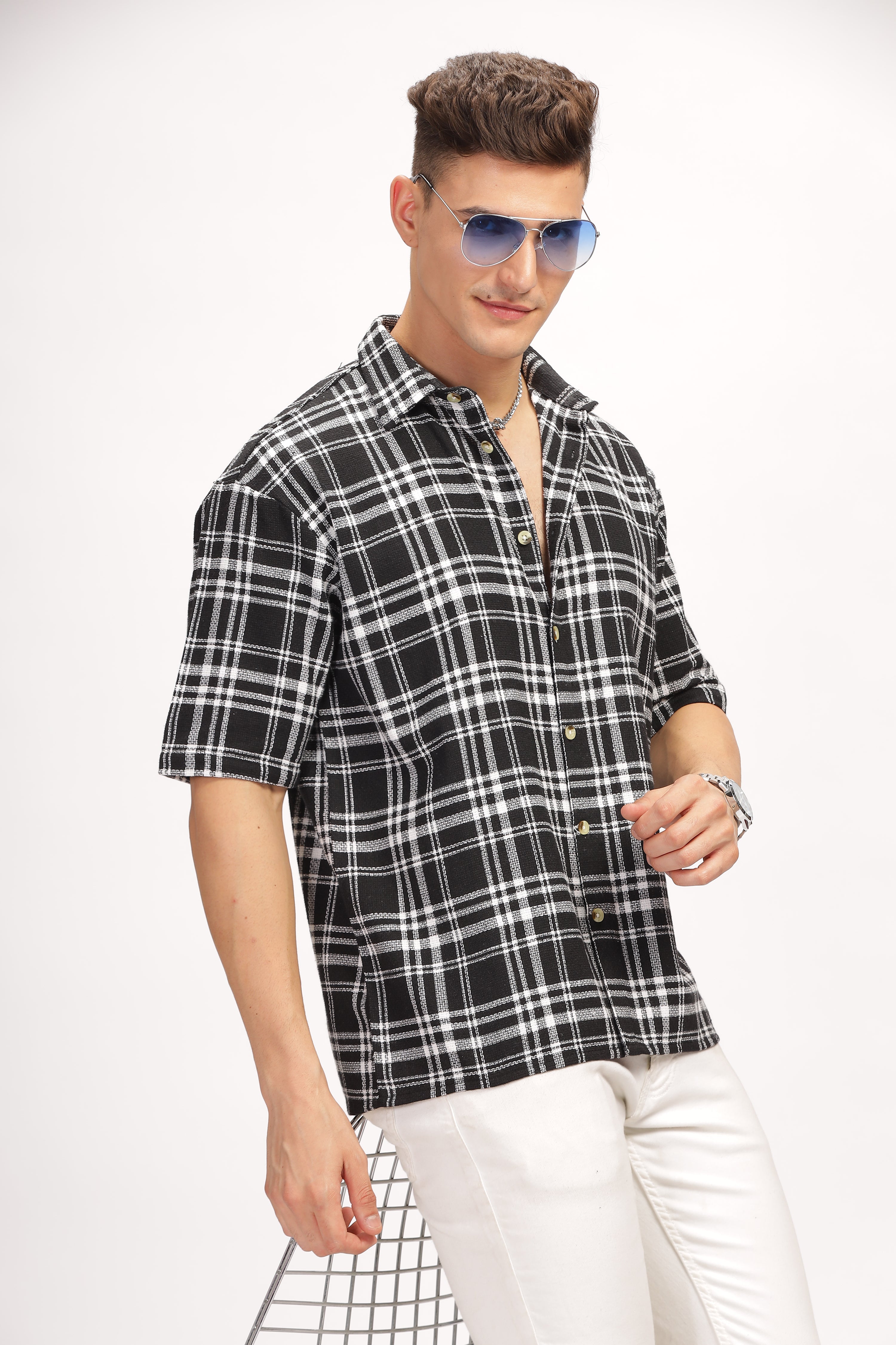 Black Self Design Check Shirt