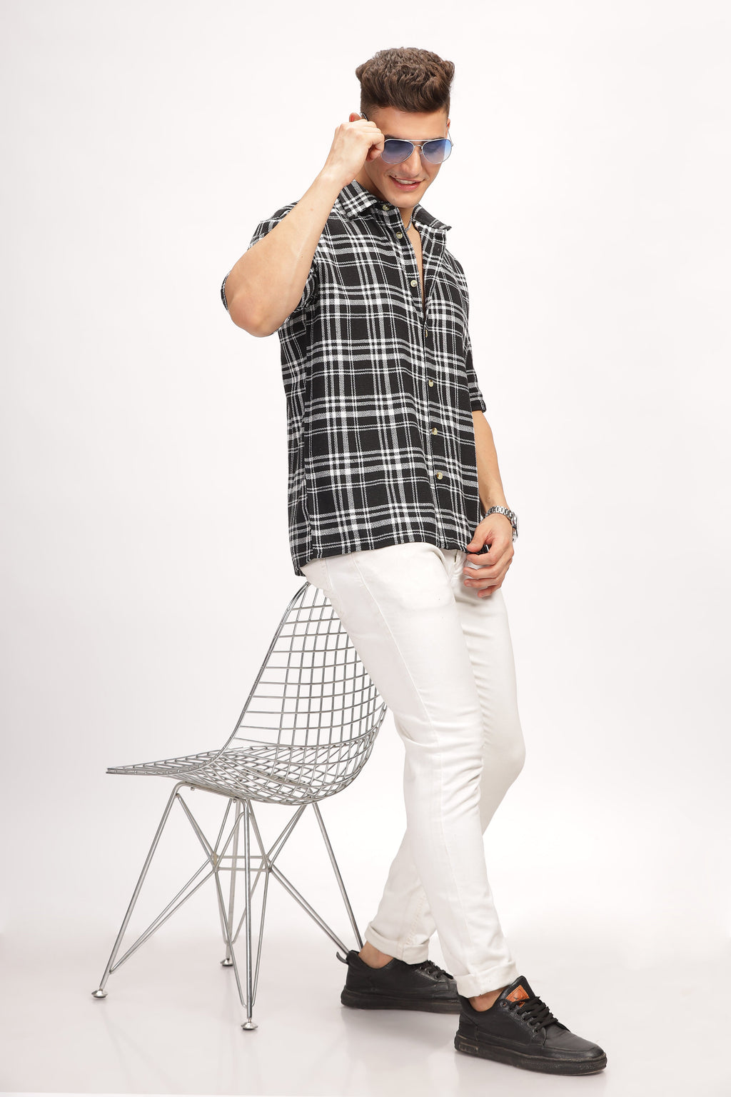 Black Self Design Check Shirt