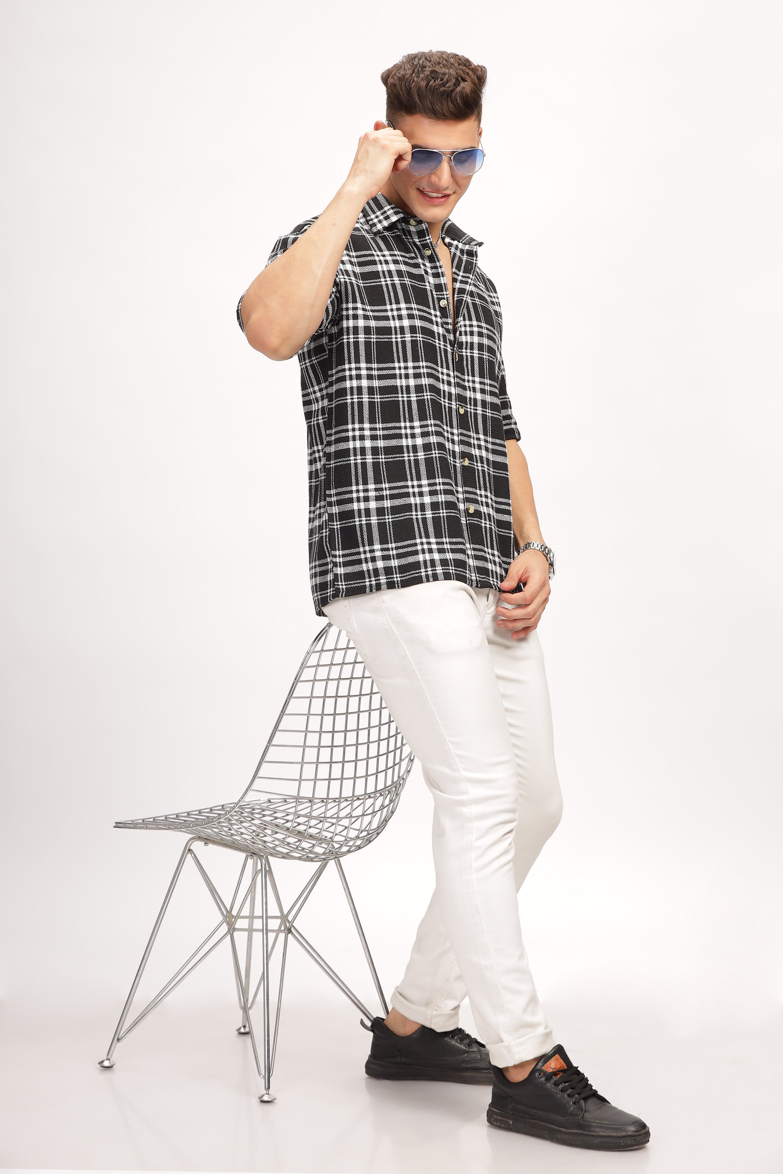 Black Self Design Check Shirt