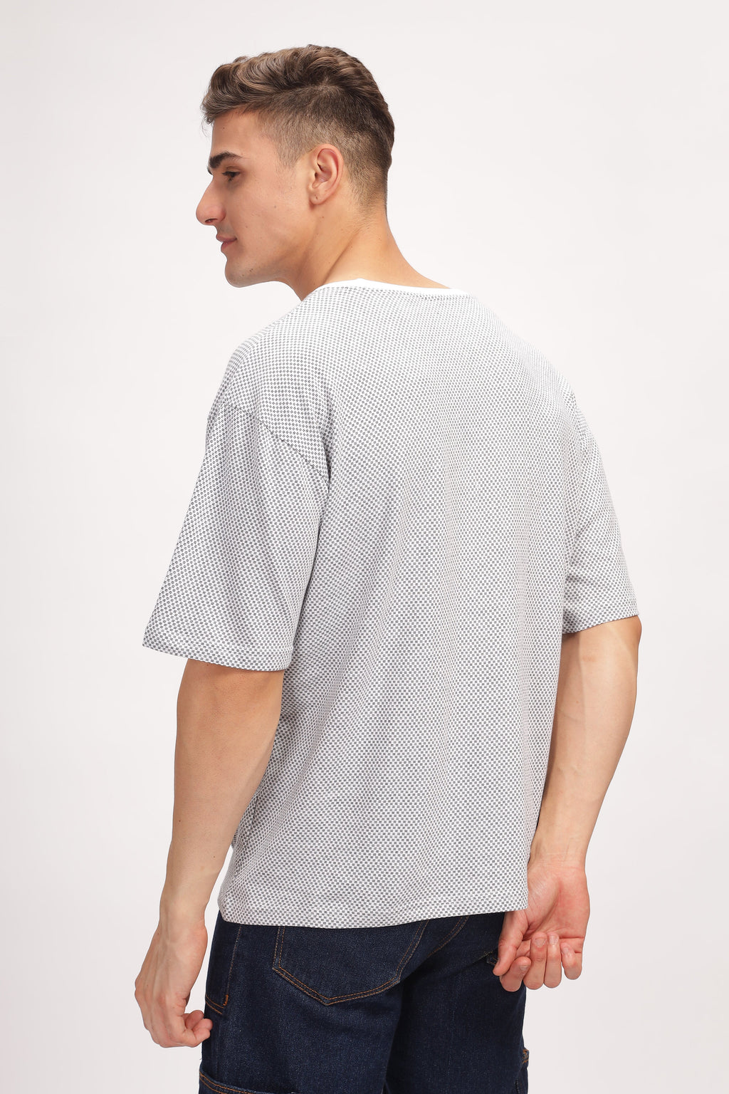 Grey Melange Self Design Oversized T-Shirt