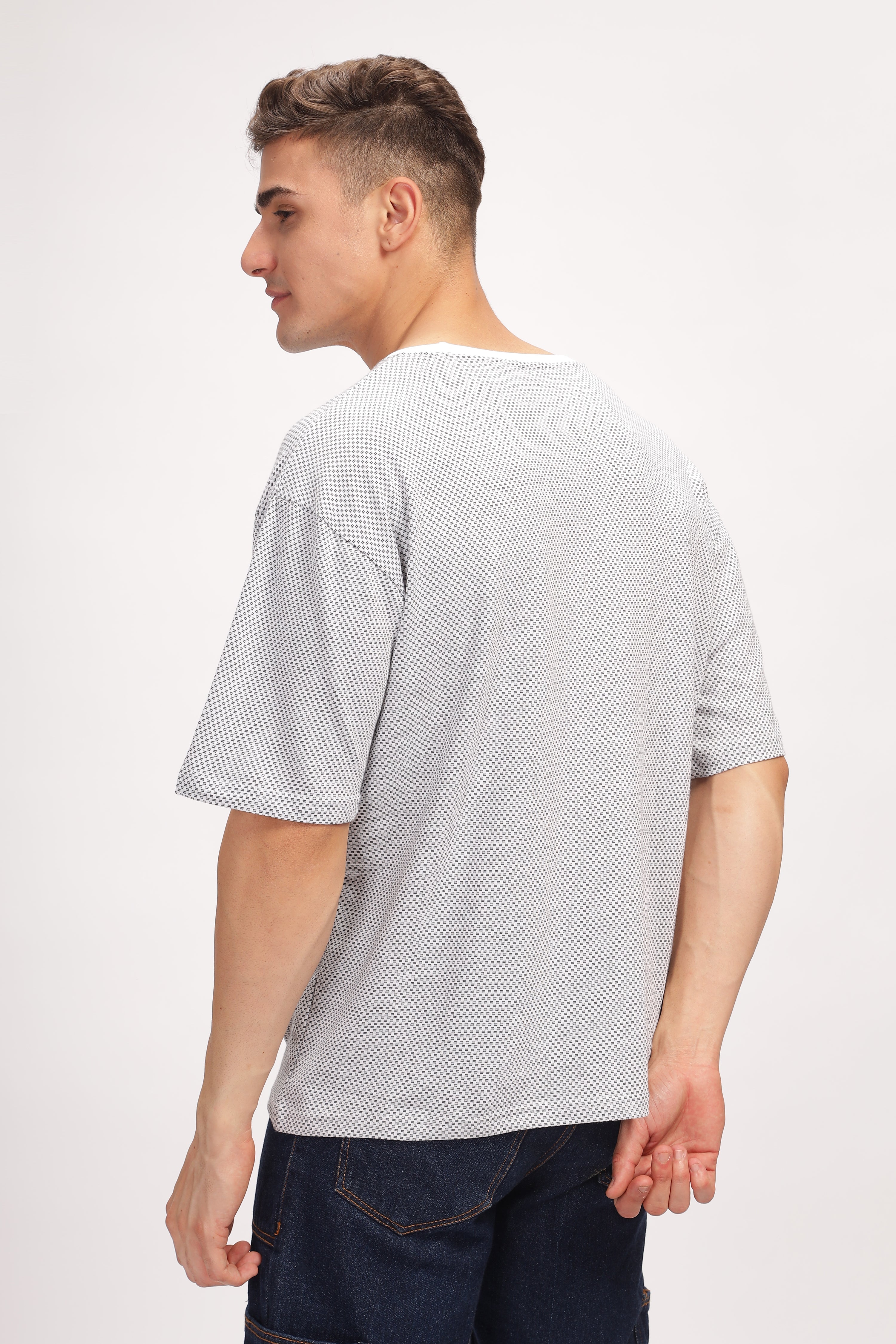 Grey Melange Self Design Oversized T-Shirt