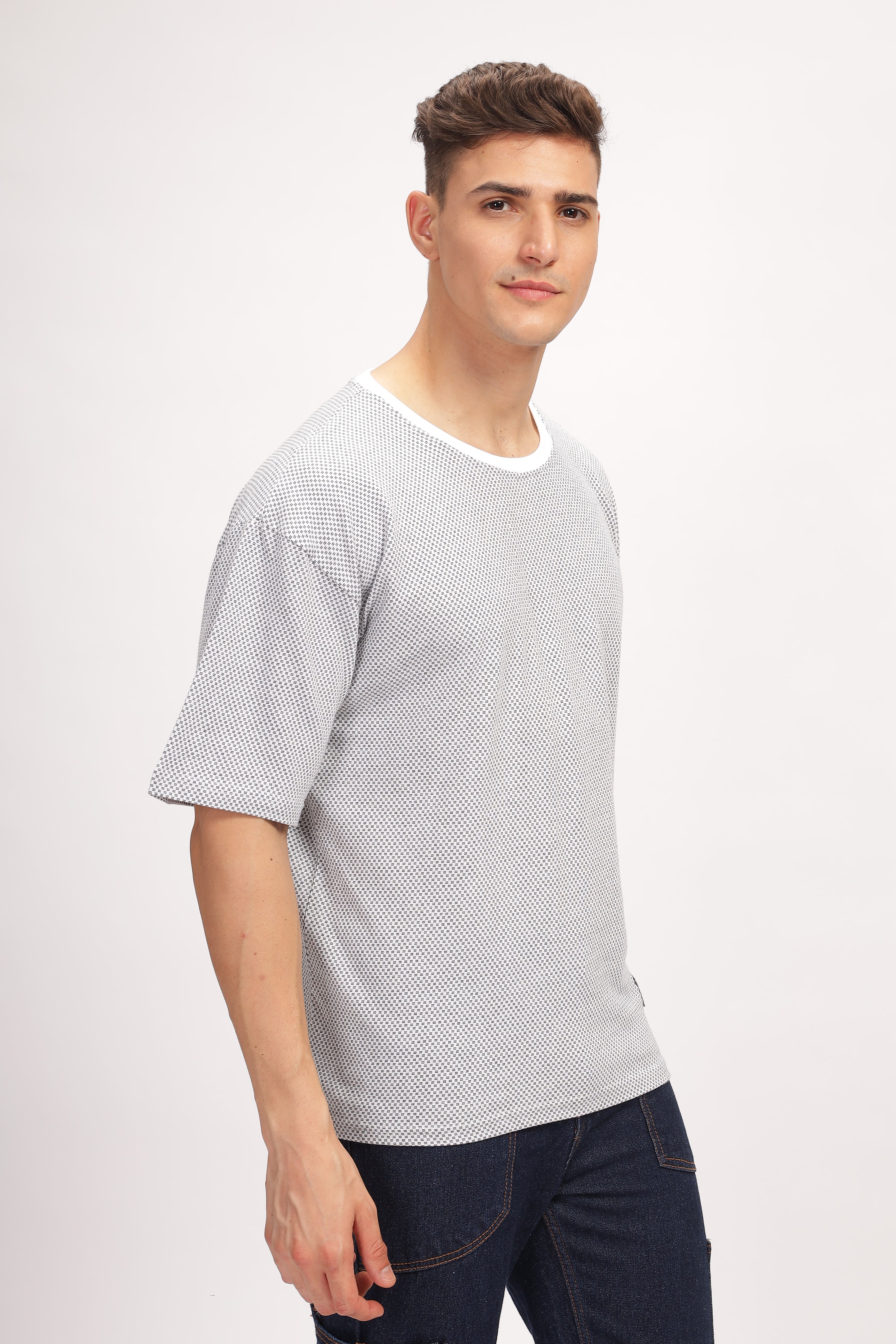 Grey Melange Self Design Oversized T-Shirt