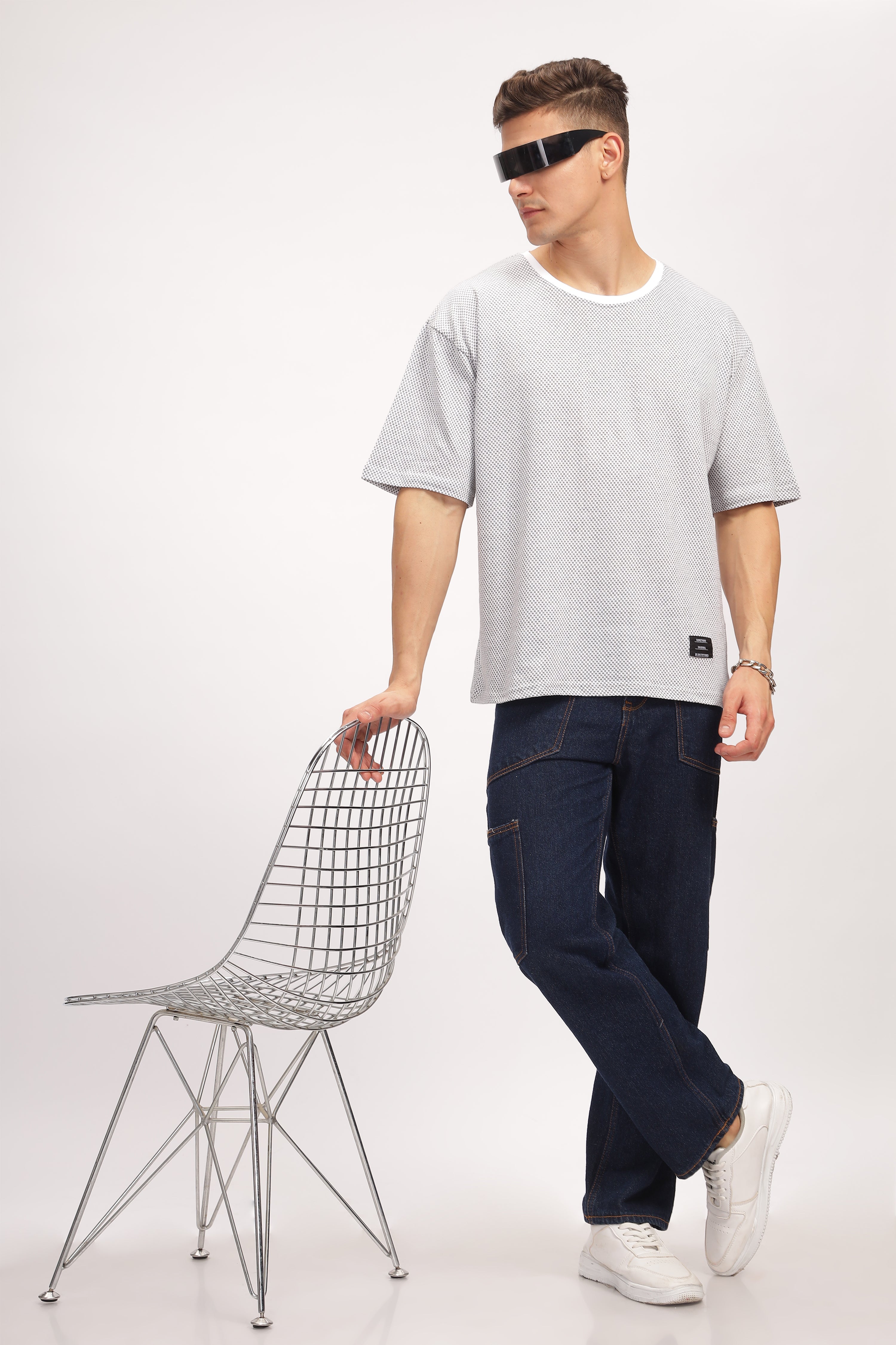 Grey Melange Self Design Oversized T-Shirt