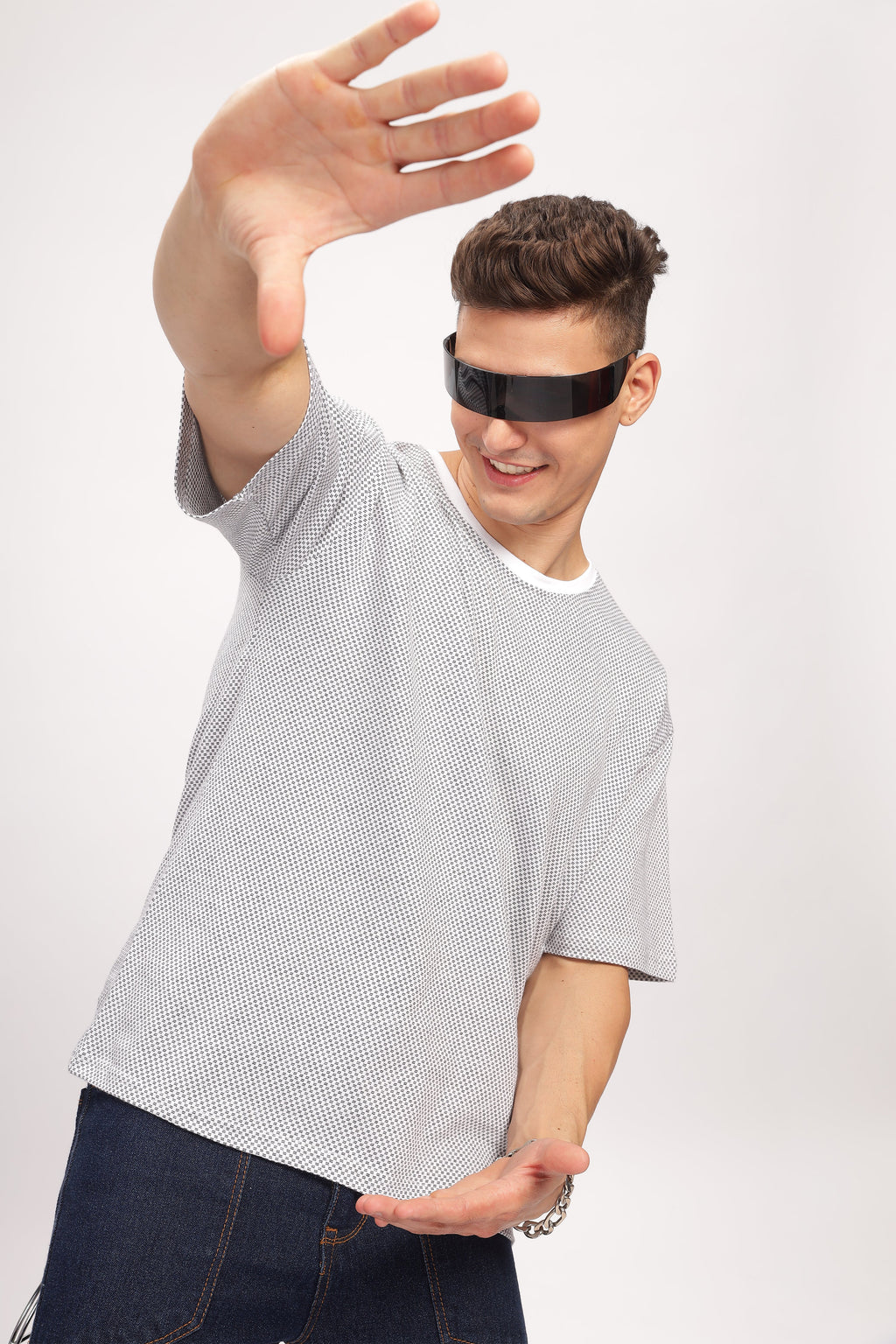 Grey Melange Self Design Oversized T-Shirt