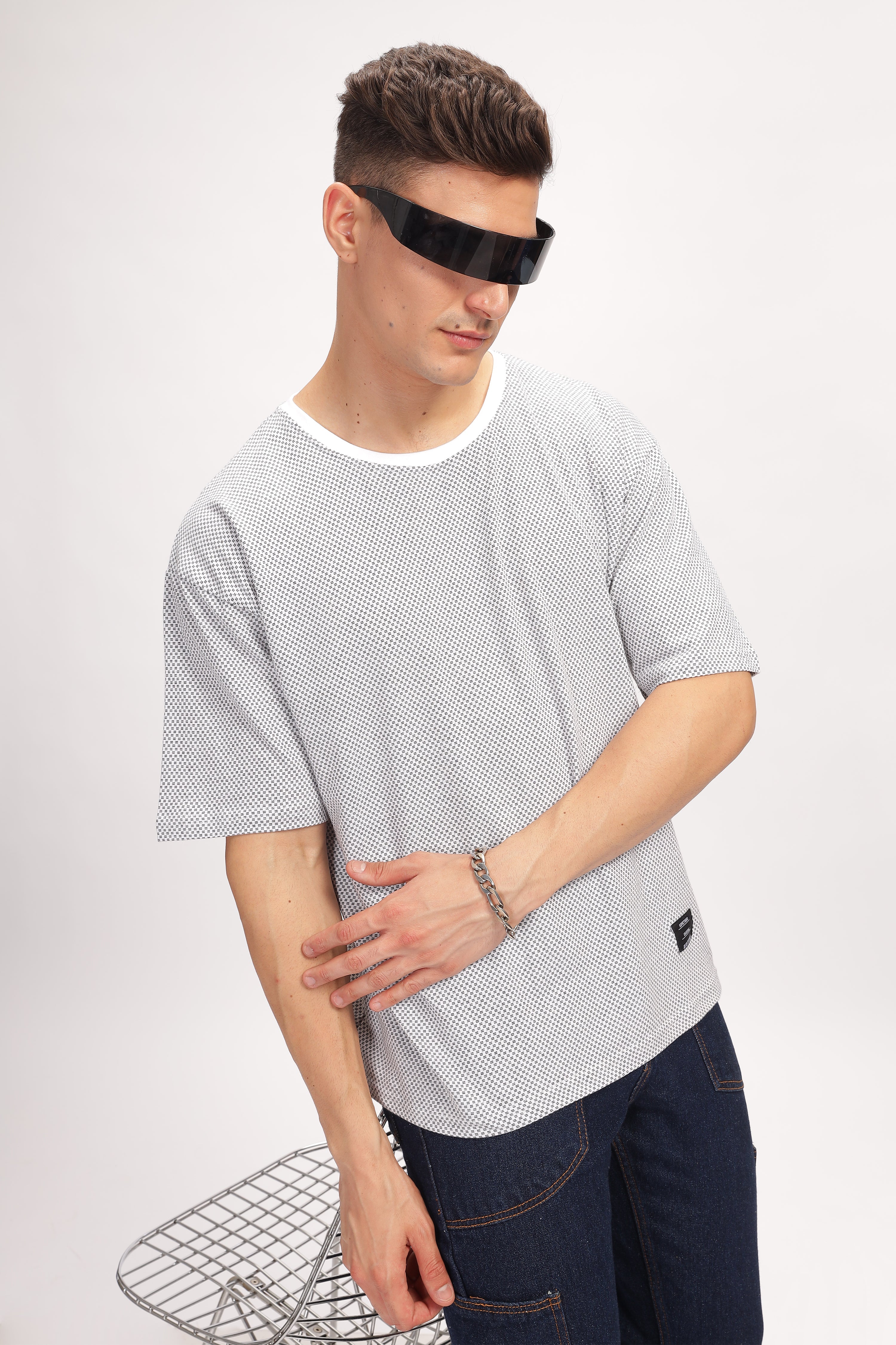 Grey Melange Self Design Oversized T-Shirt