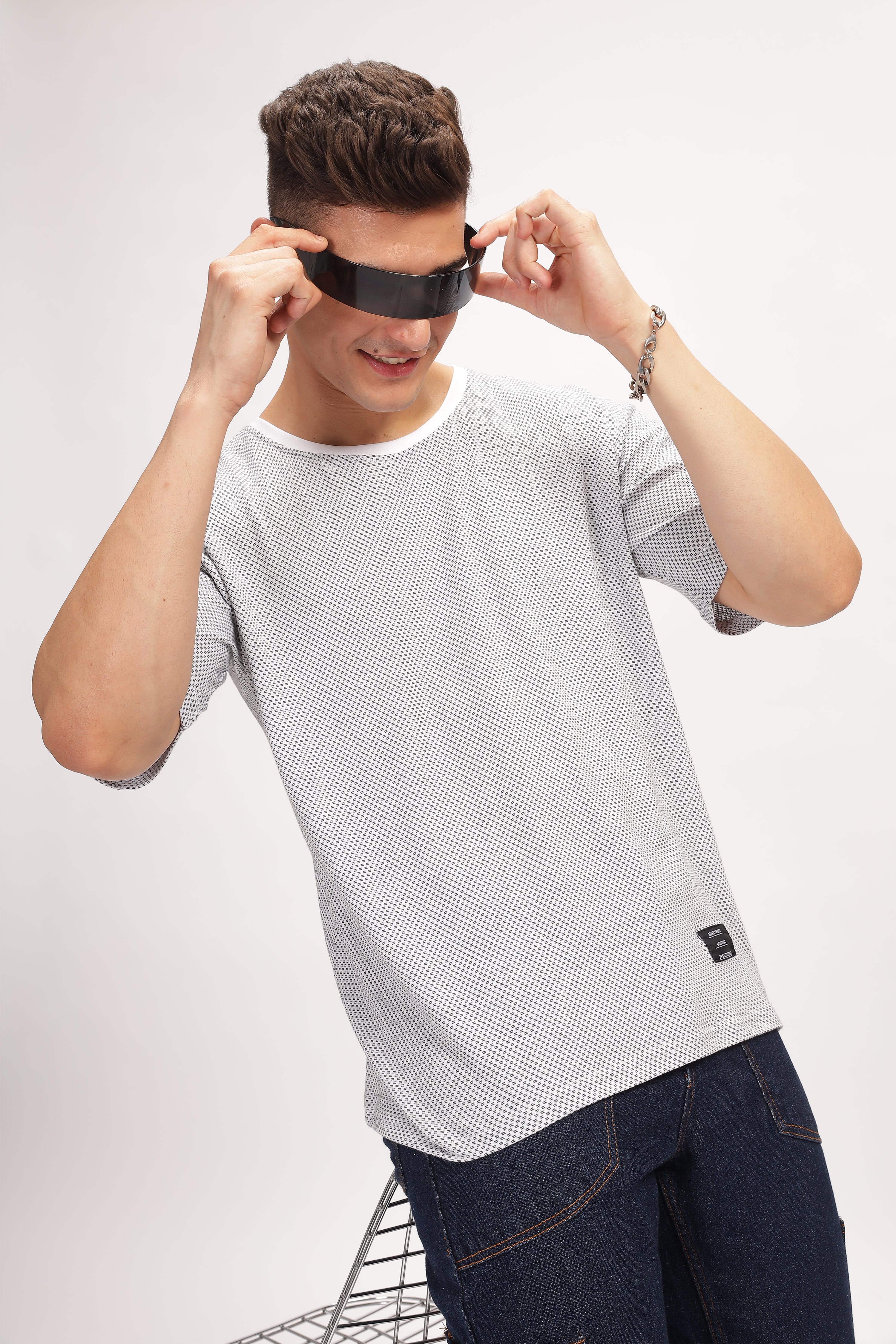 Grey Melange Self Design Oversized T-Shirt