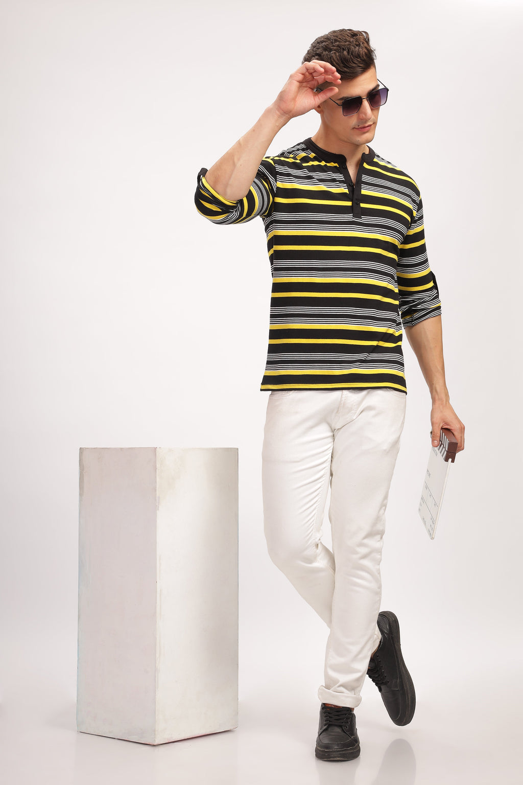 Black Striped Henley Neck T-Shirt