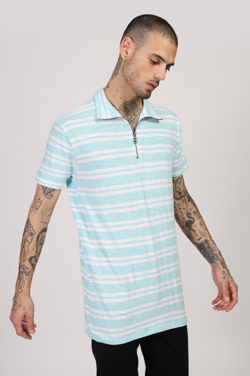 Turquoise Blue Striper Zipper T-Shirt