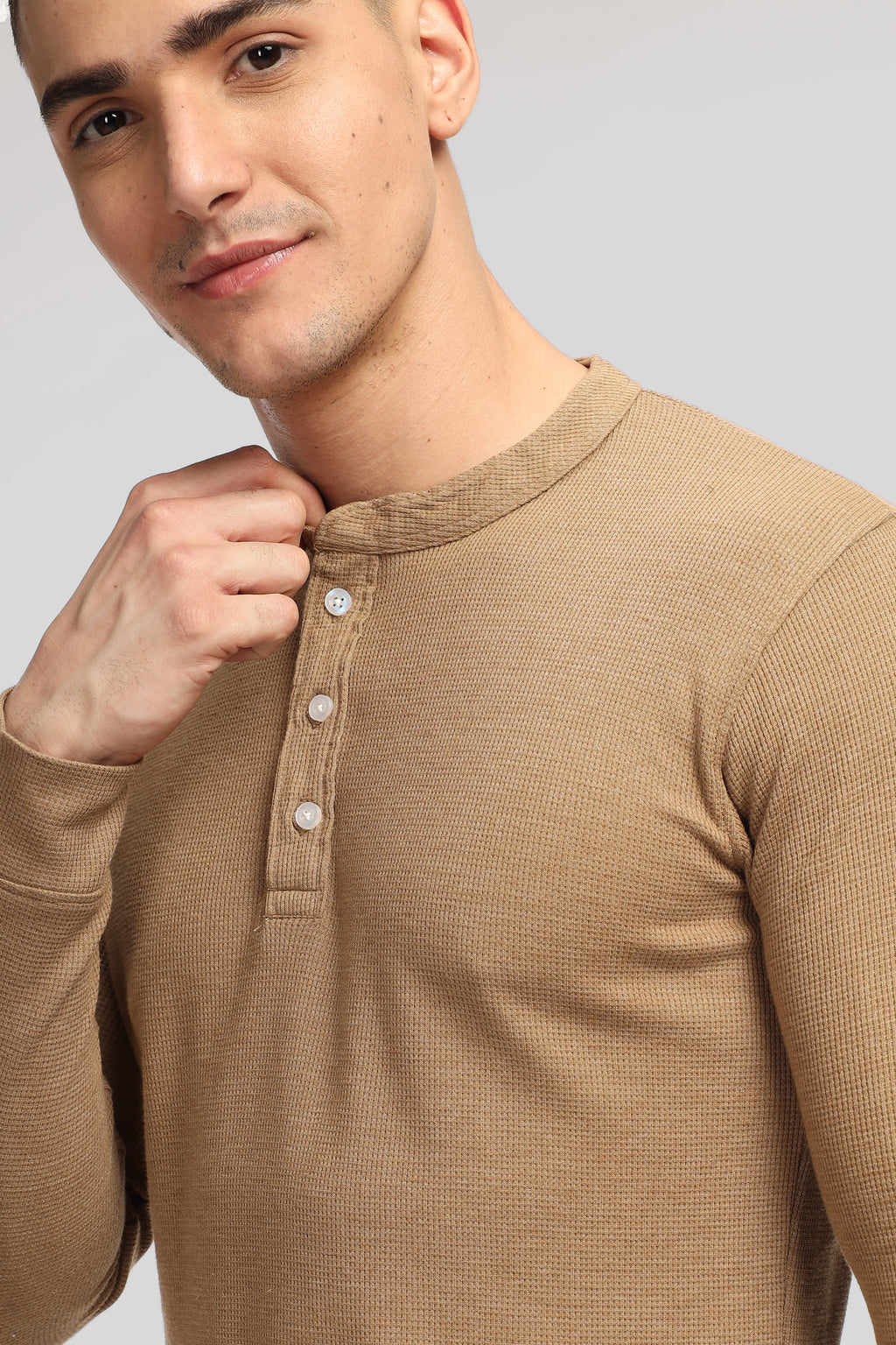 Brown Self Design Waffle Knit Henley T-Shirt