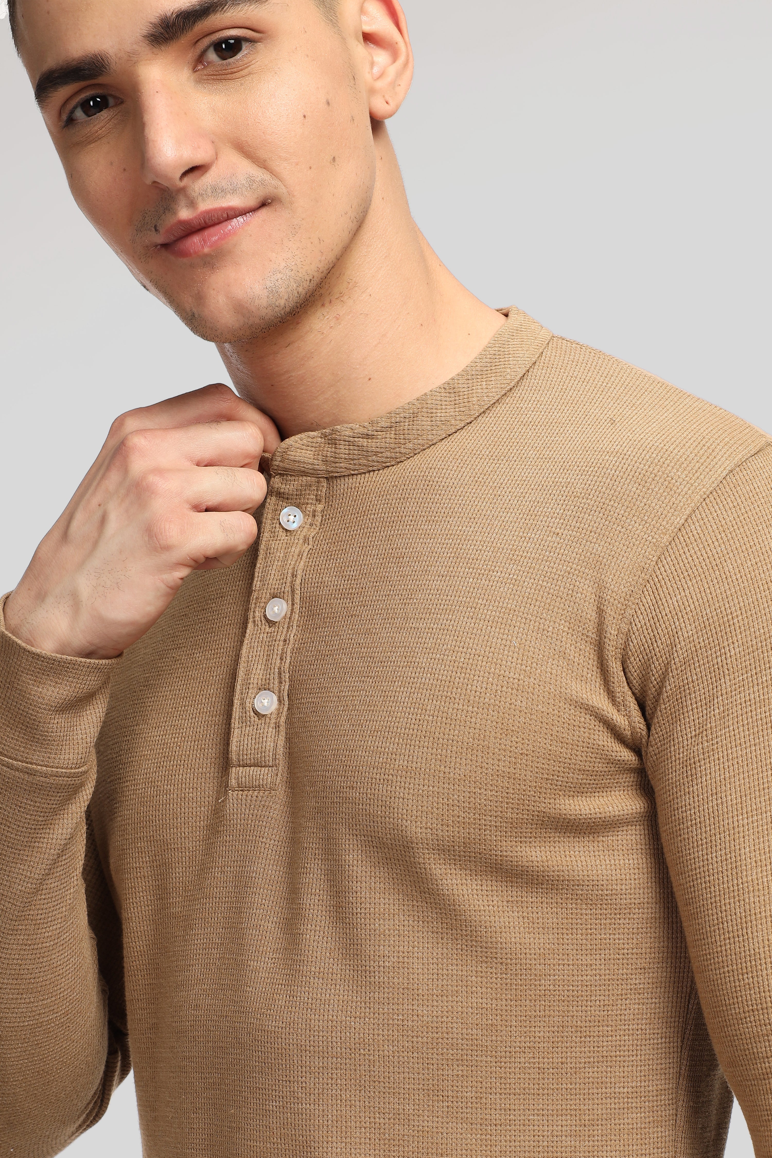 Brown Self Design Waffle Knit Henley T-Shirt