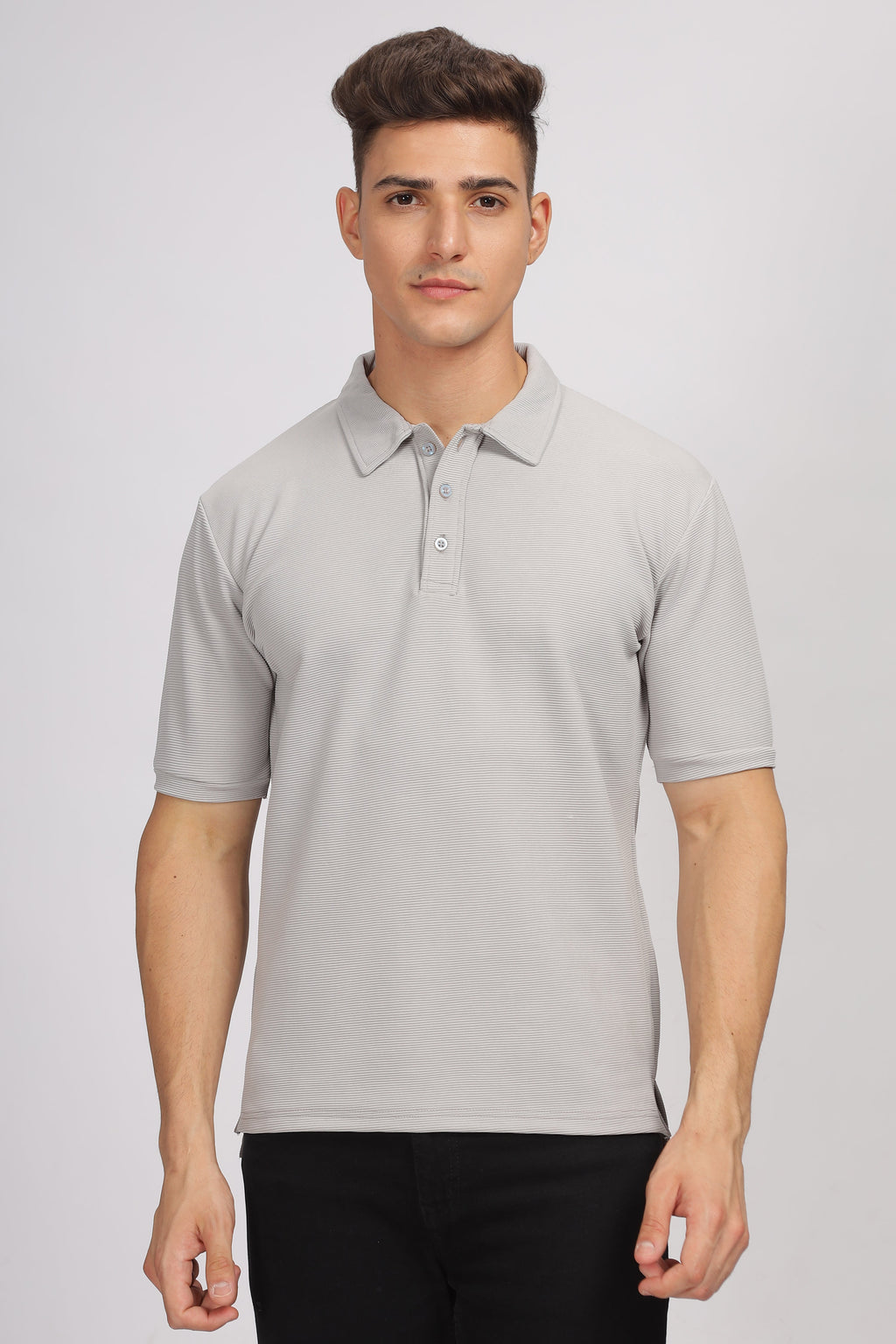 Grey Melange Textured Polo T-Shirt