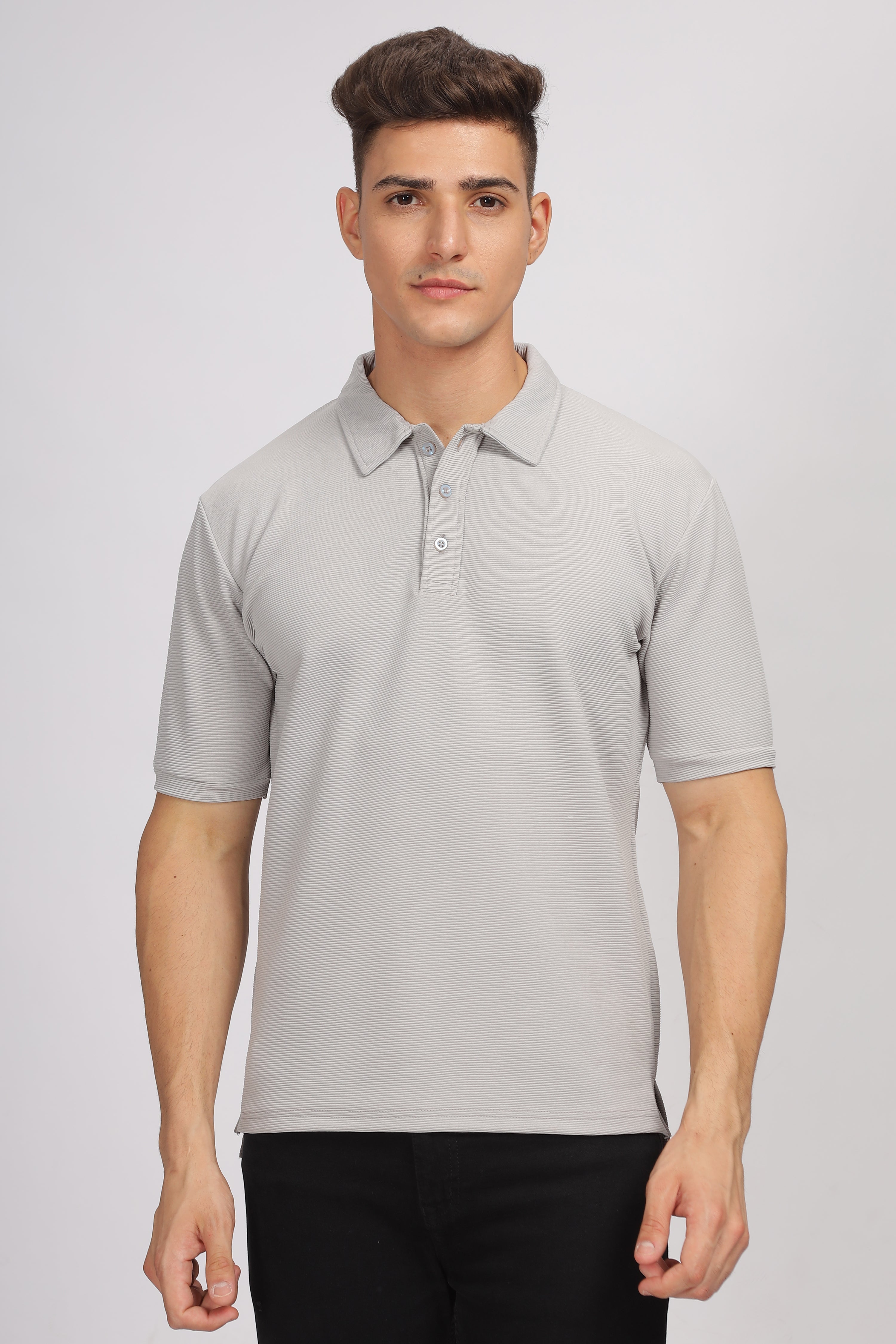 Grey Melange Textured Polo T-Shirt