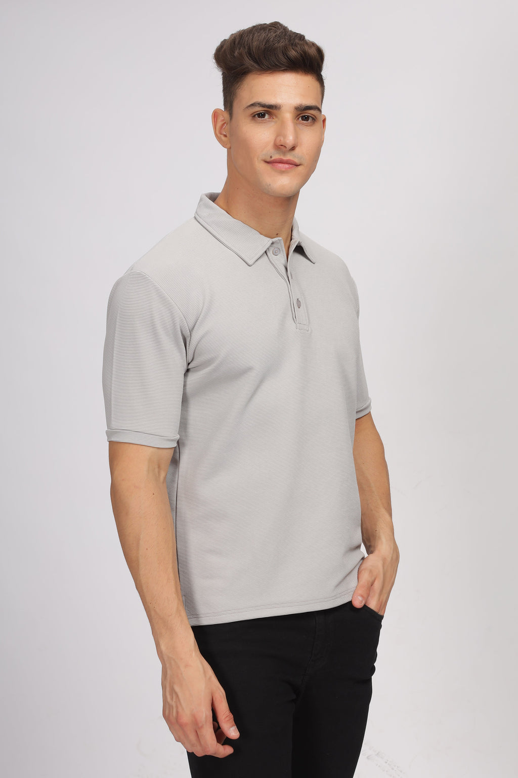 Grey Melange Textured Polo T-Shirt