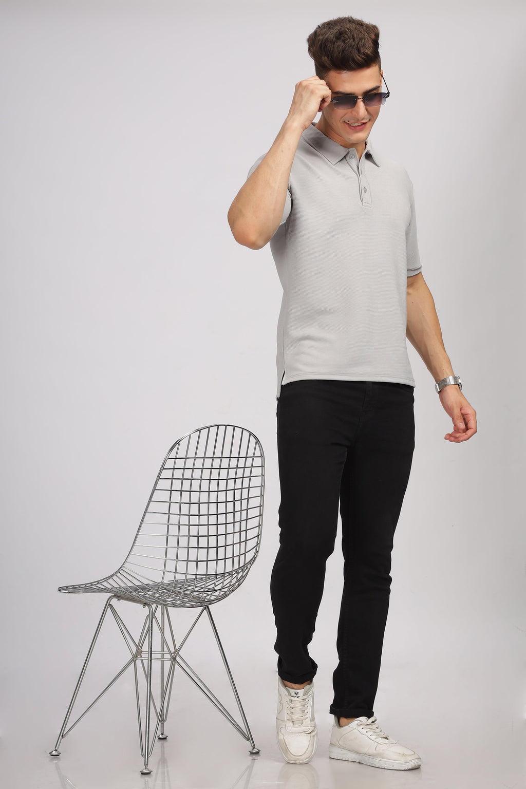 Grey Melange Textured Polo T-Shirt