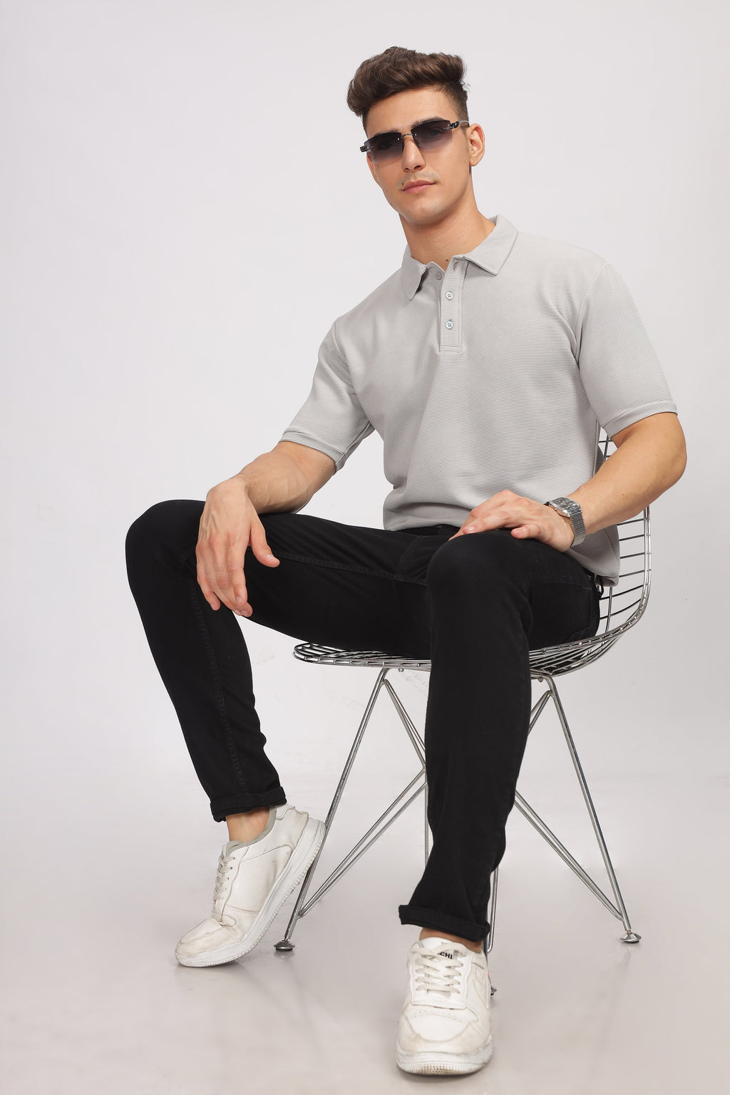 Grey Melange Textured Polo T-Shirt