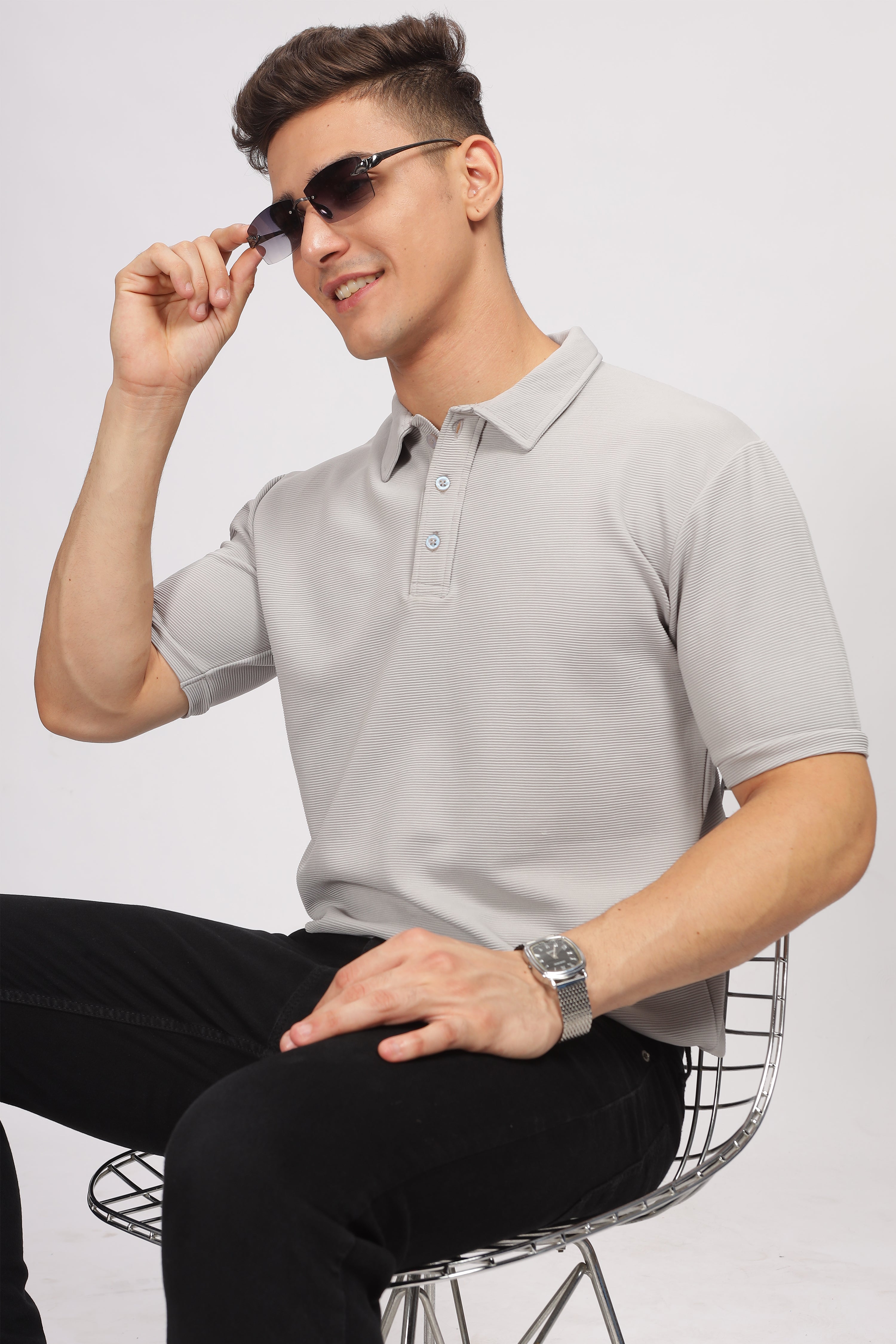 Grey Melange Textured Polo T-Shirt