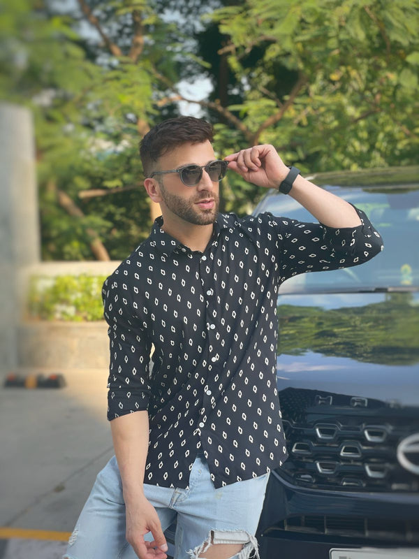 Black Abstract Full Sleeve Rayon Shirt