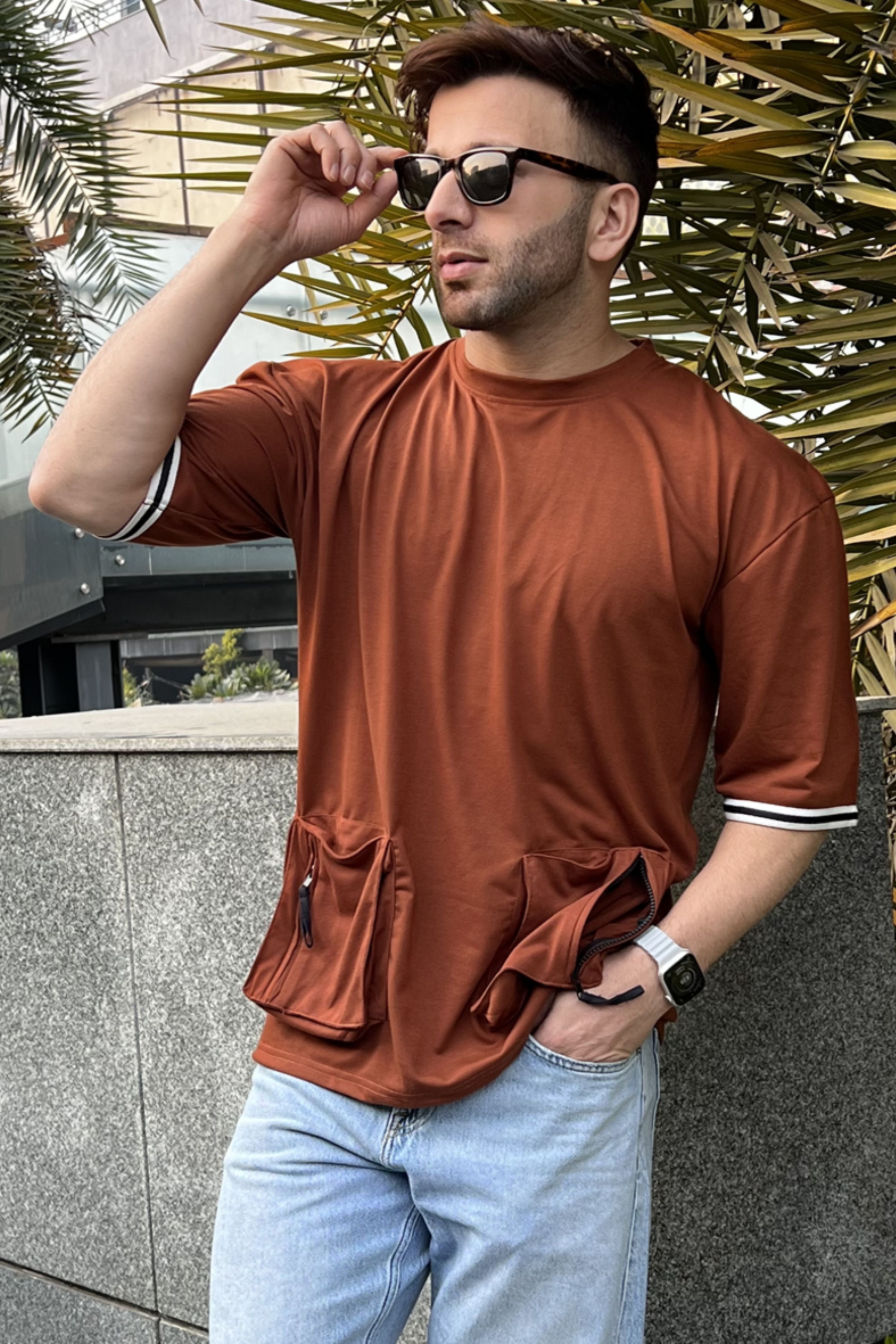 Brown Half Sleeve Oversized Pocket T-Shirt