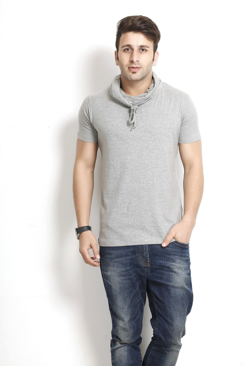 Grey Cowl Half Sleeve Cotton T-Shirt