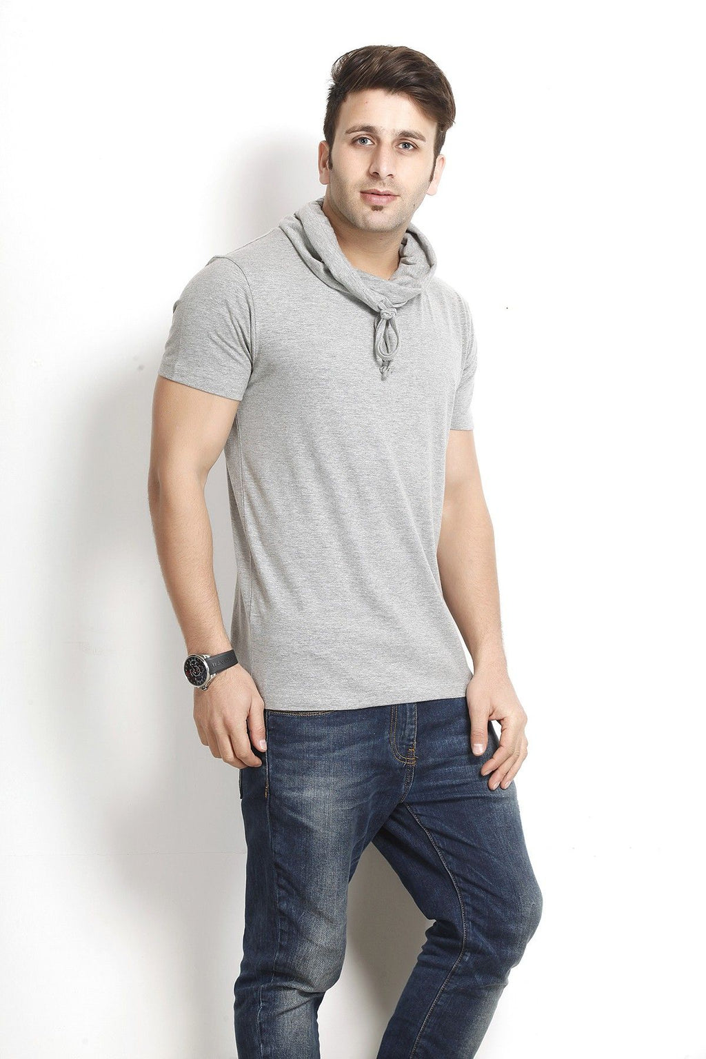 Grey Cowl Half Sleeve Cotton T-Shirt