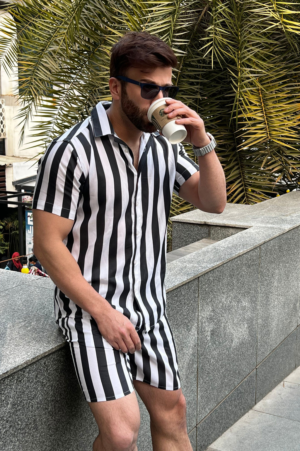 Salezstreet White Black Stripe Half Sleeve Rayon Co-ord Set