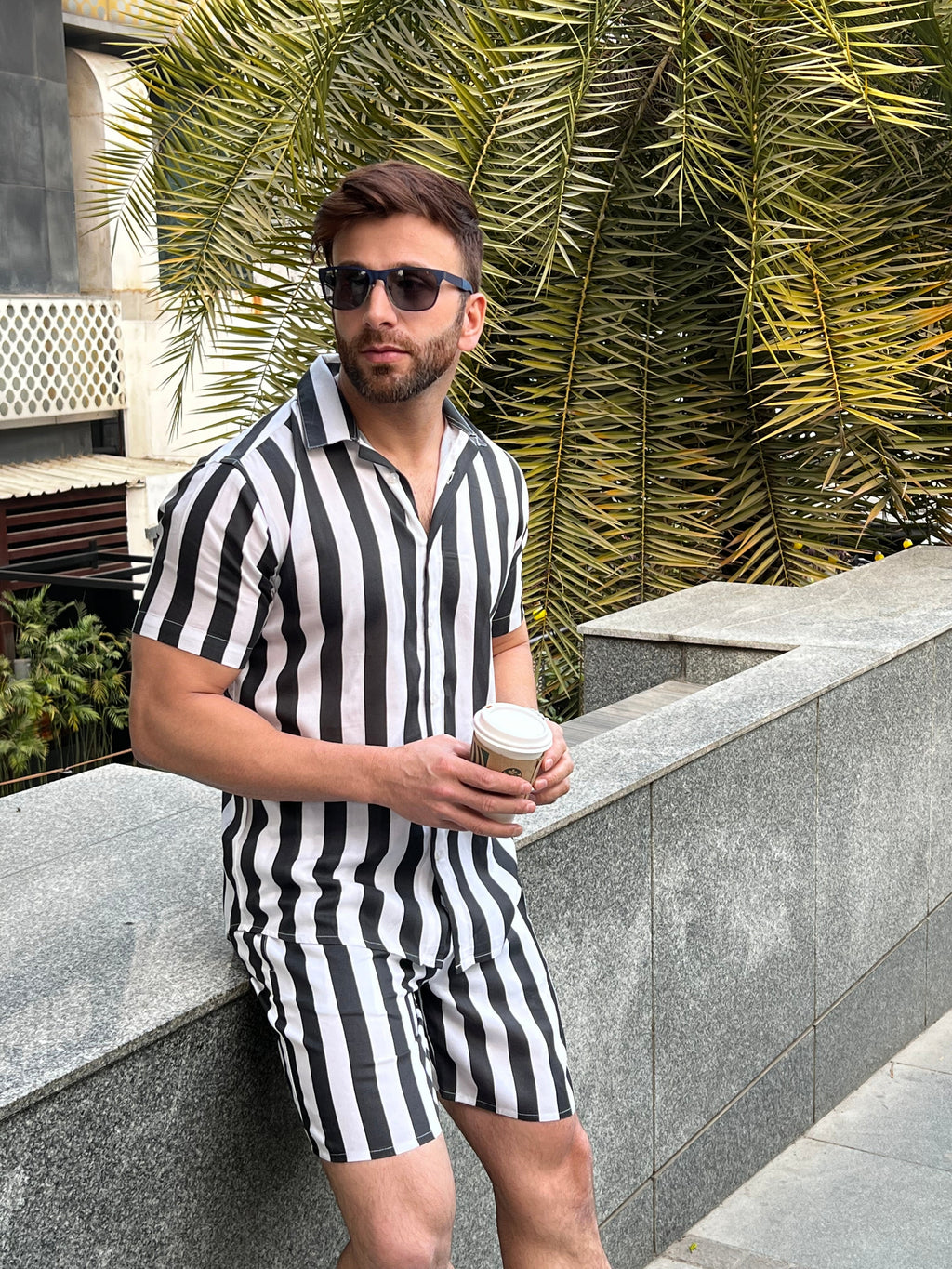 Salezstreet White Black Stripe Half Sleeve Rayon Co-ord Set