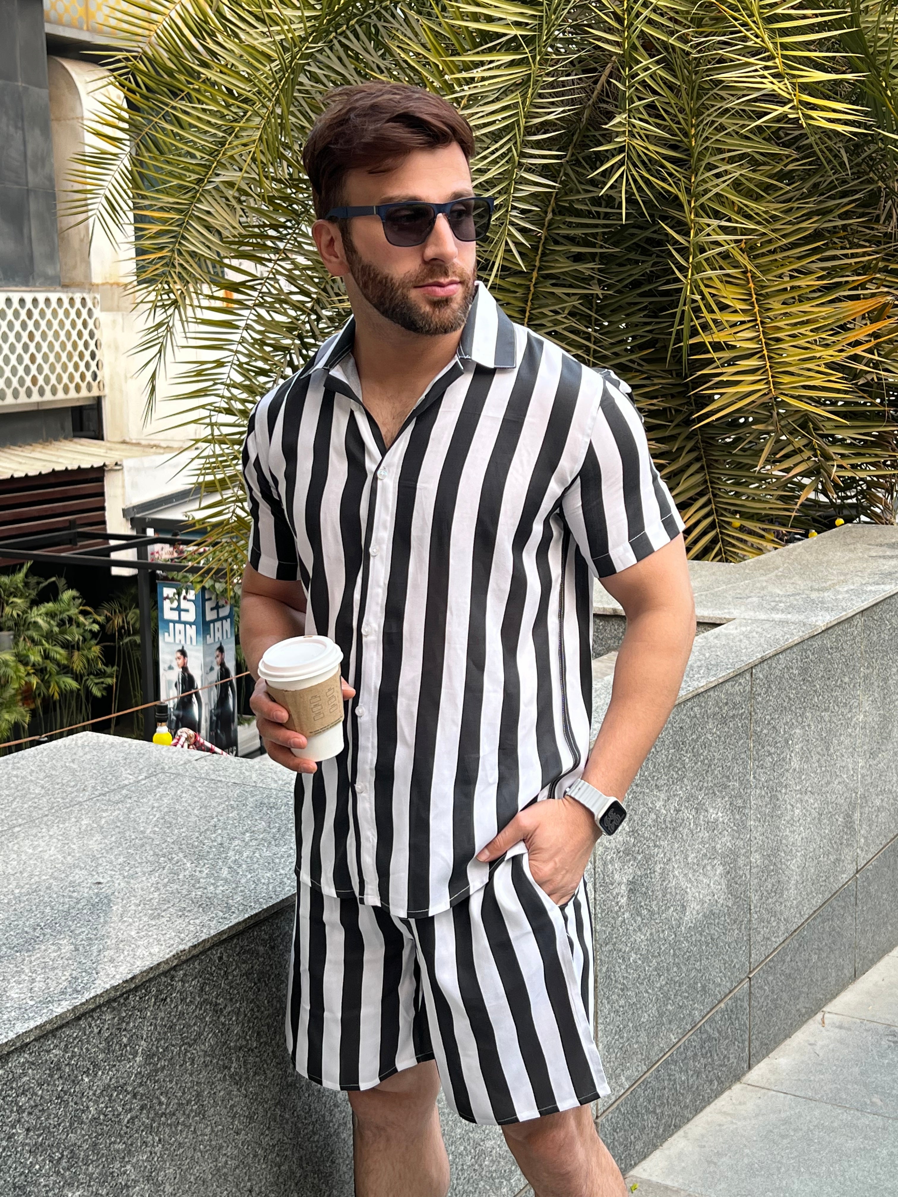 Salezstreet White Black Stripe Half Sleeve Rayon Co-ord Set