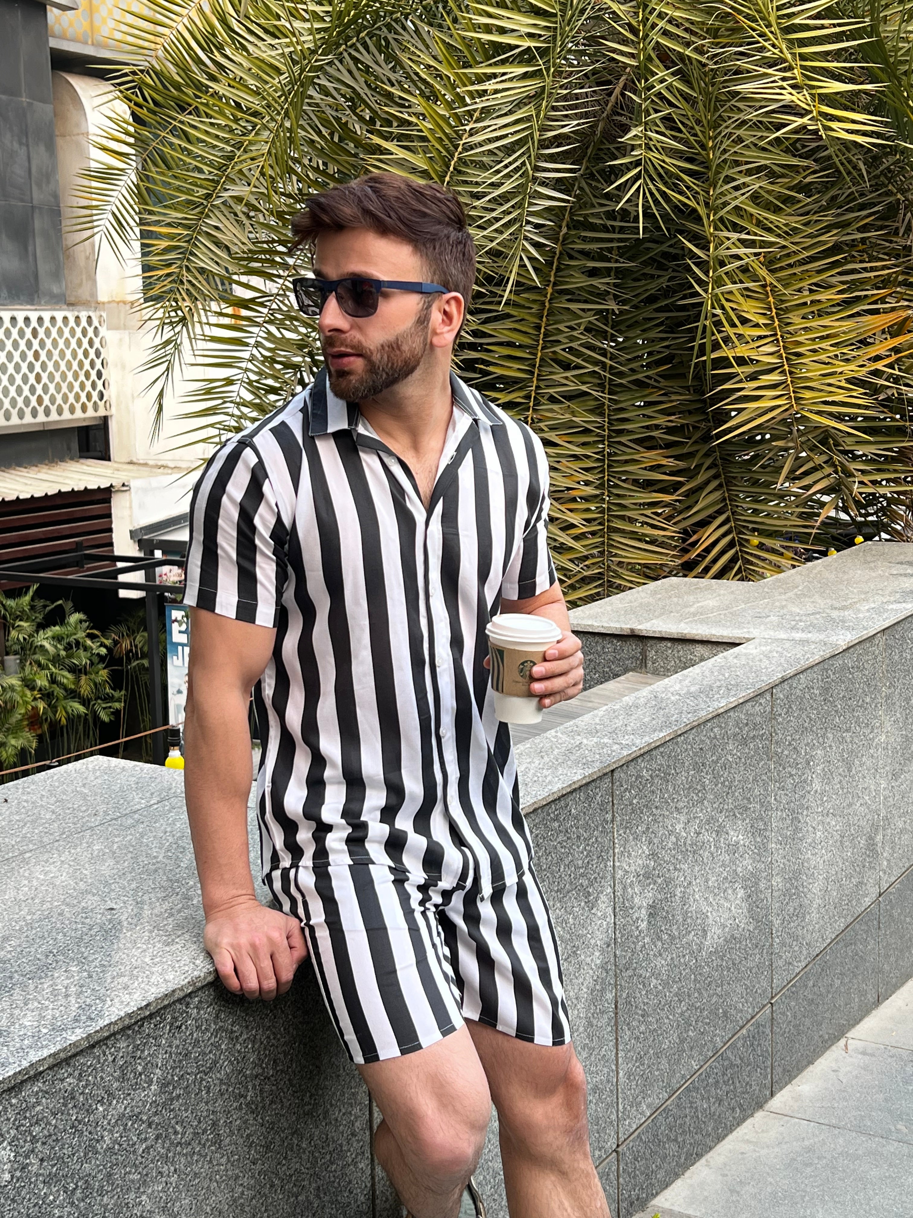 Salezstreet White Black Stripe Half Sleeve Rayon Co-ord Set