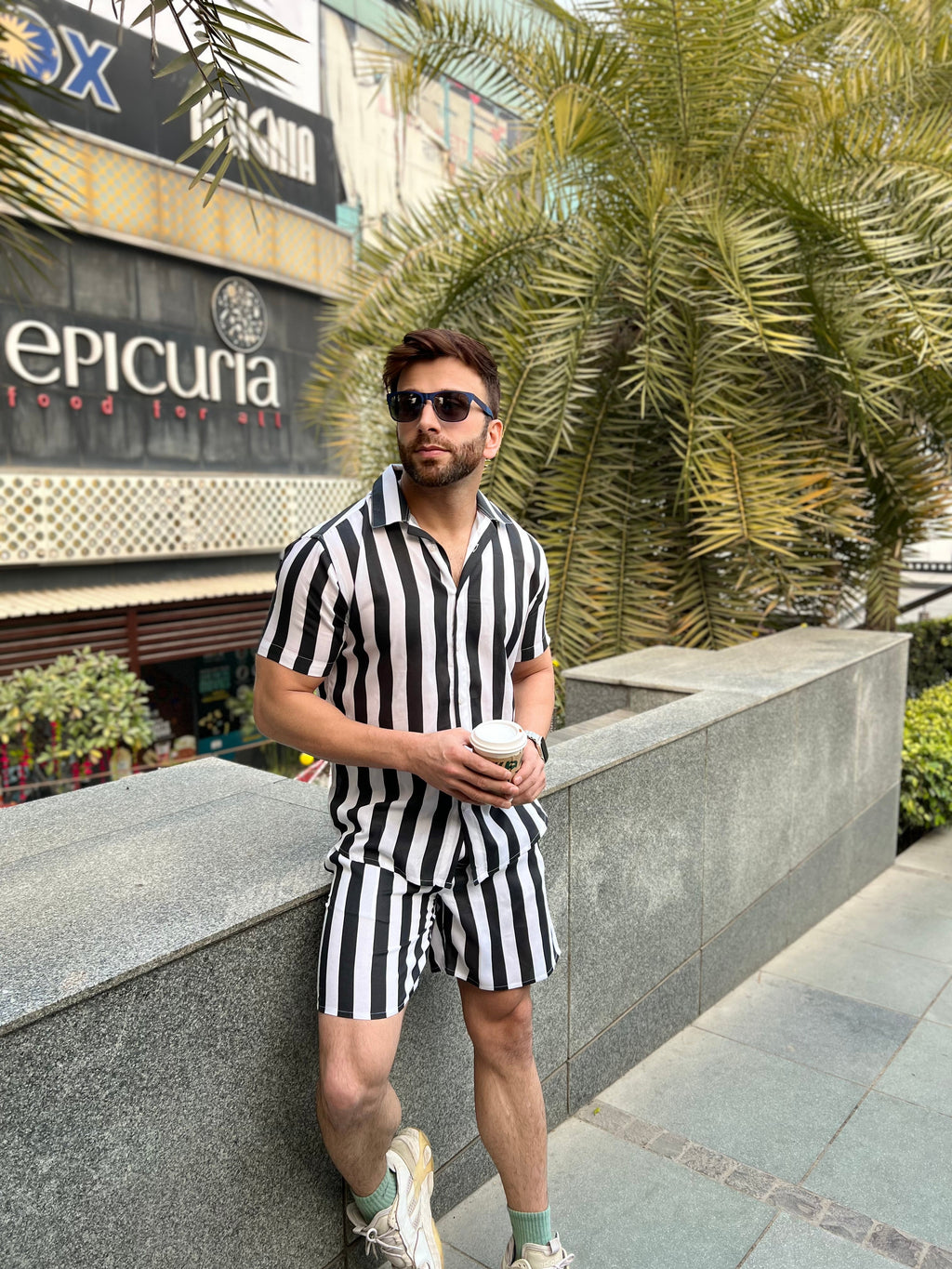 Salezstreet White Black Stripe Half Sleeve Rayon Co-ord Set