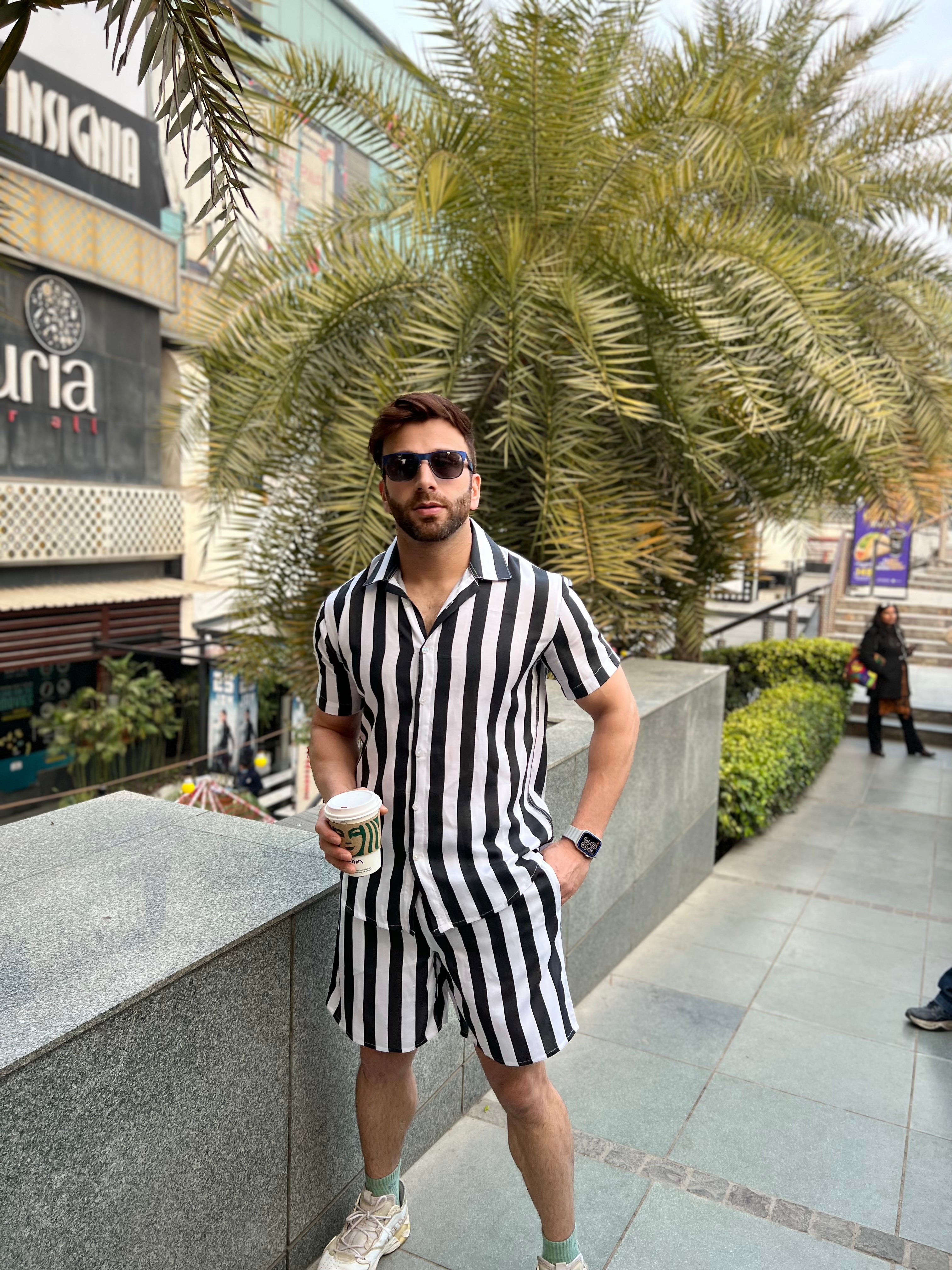 Salezstreet White Black Stripe Half Sleeve Rayon Co-ord Set