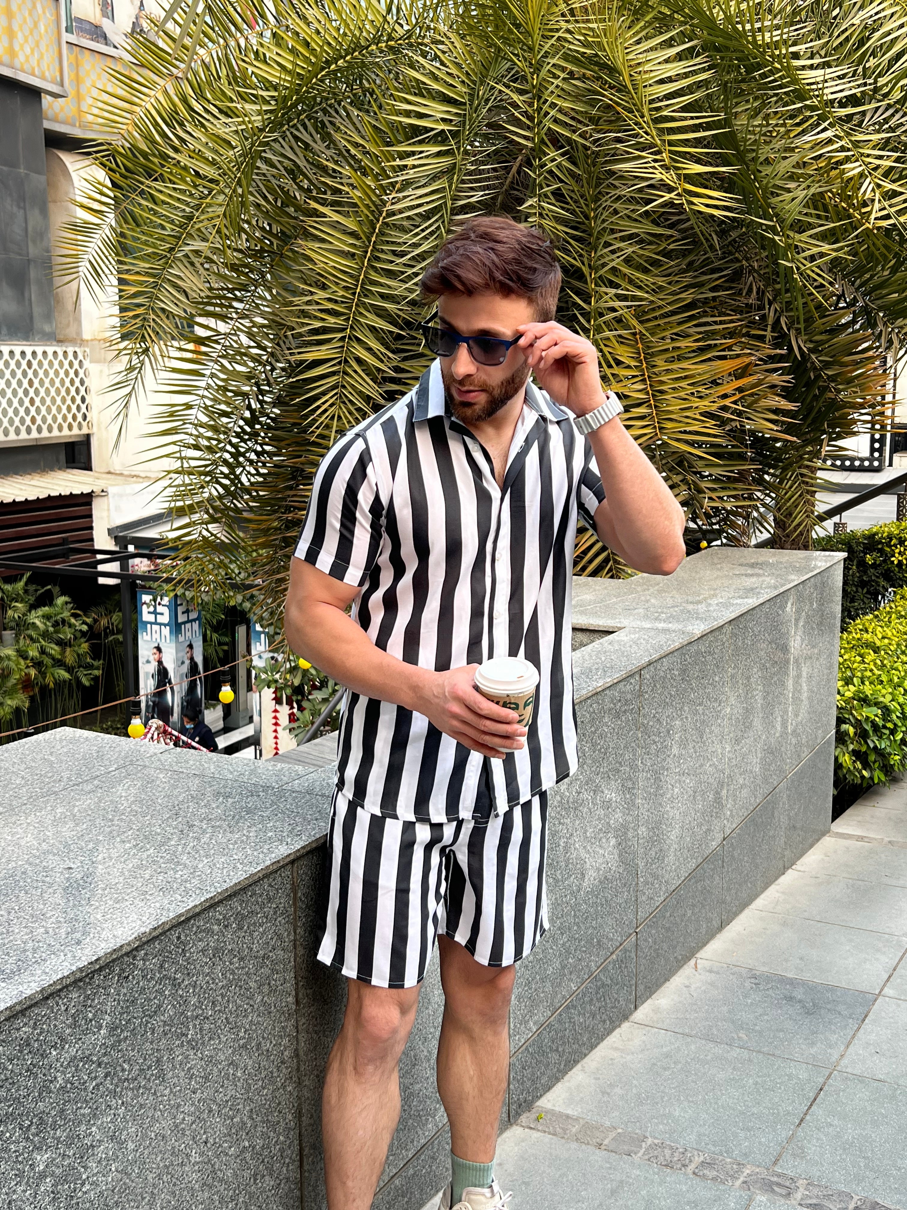 Salezstreet White Black Stripe Half Sleeve Rayon Co-ord Set