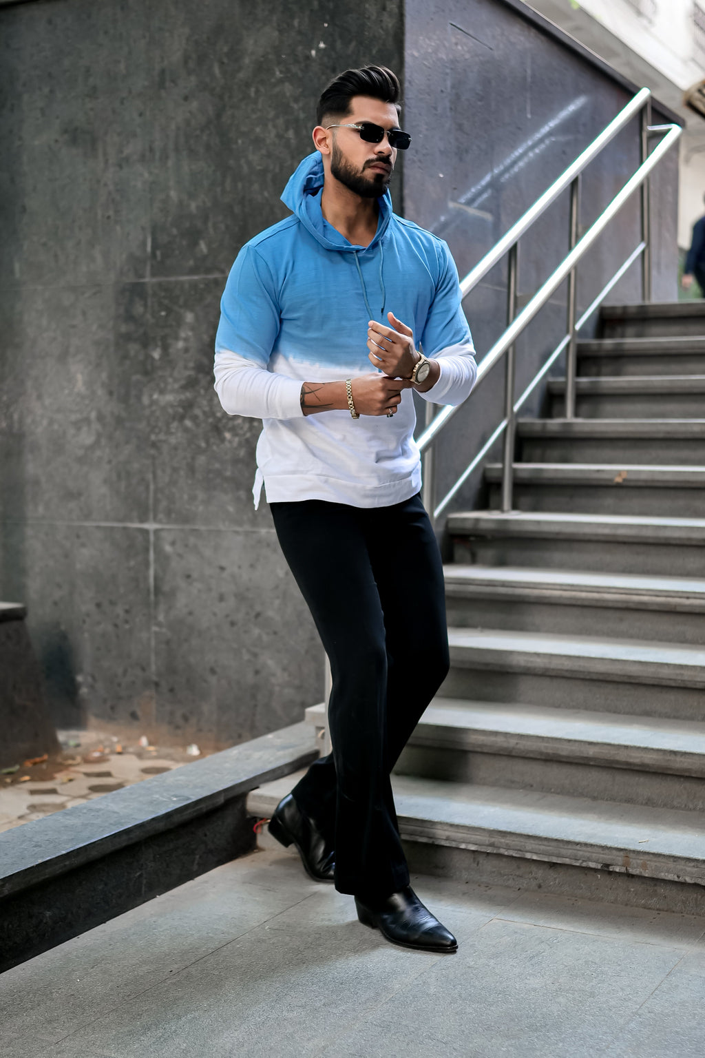 Blue White Tie Dye Hooded T-Shirt