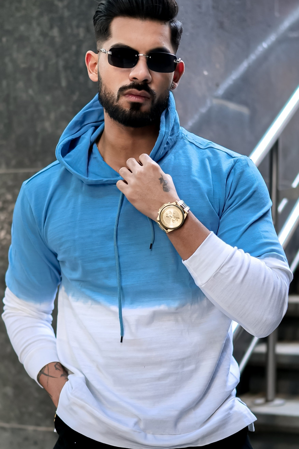 Blue White Tie Dye Hooded T-Shirt