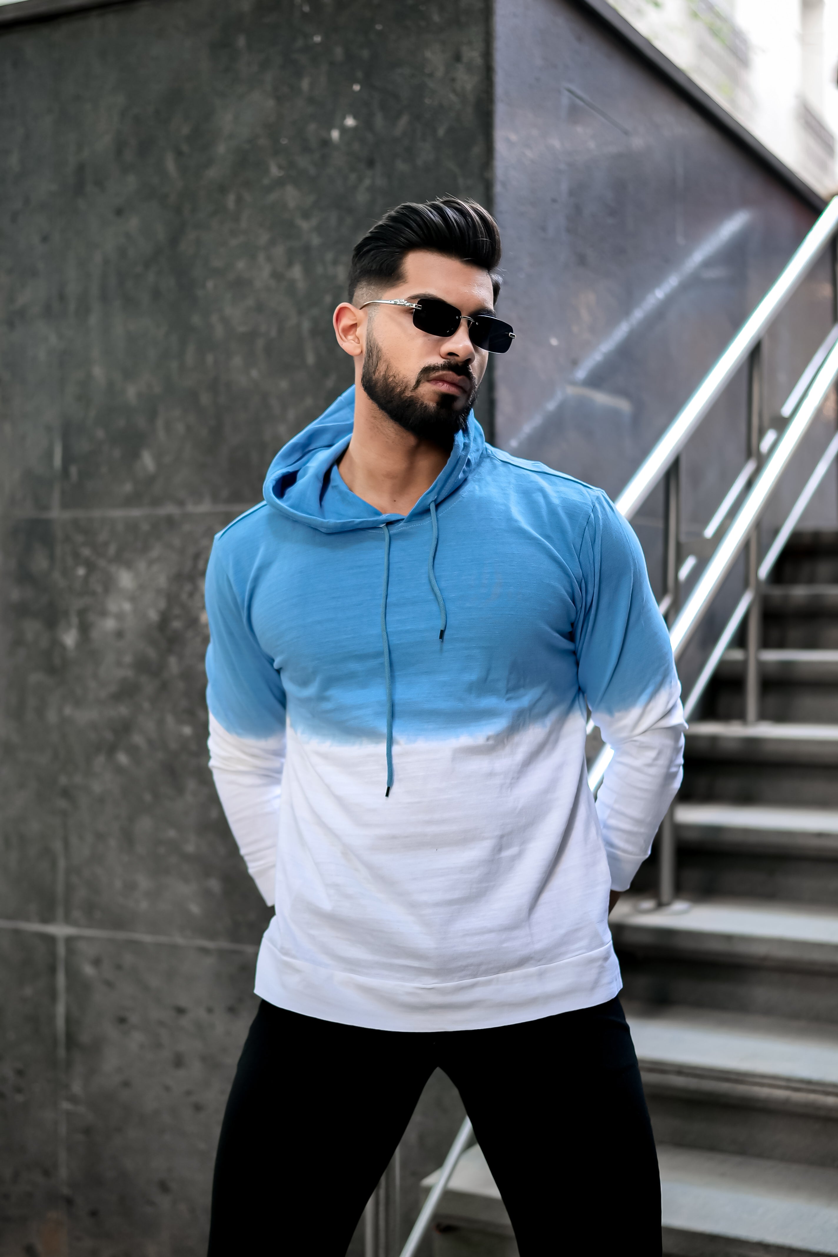 Blue White Tie Dye Hooded T-Shirt