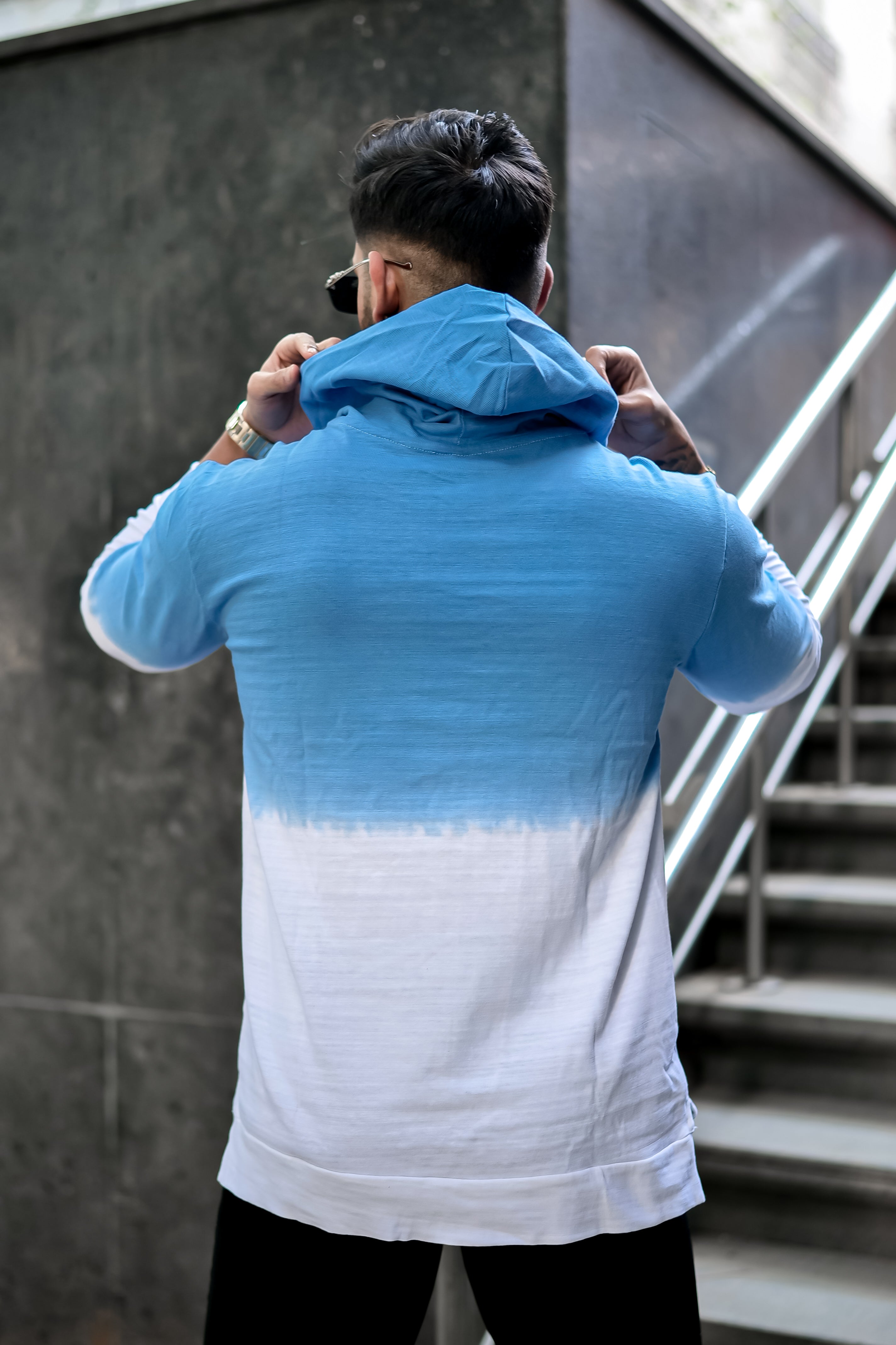 Blue White Tie Dye Hooded T-Shirt