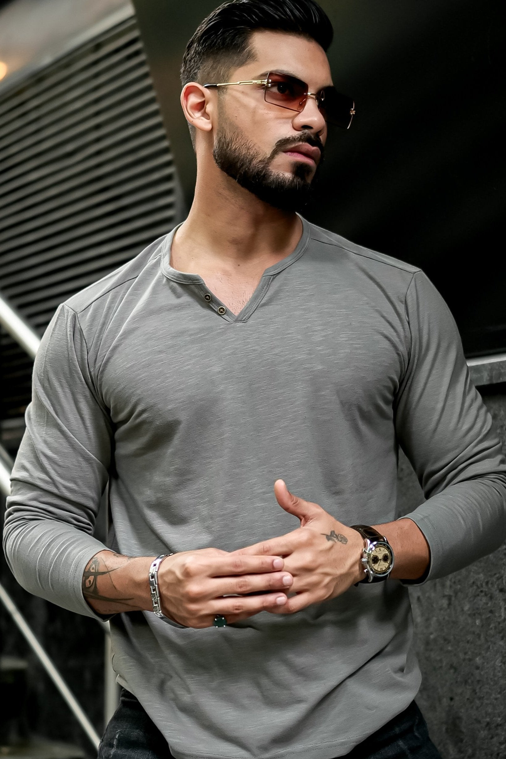 Grey Slub Open Henley Neck T-Shirt
