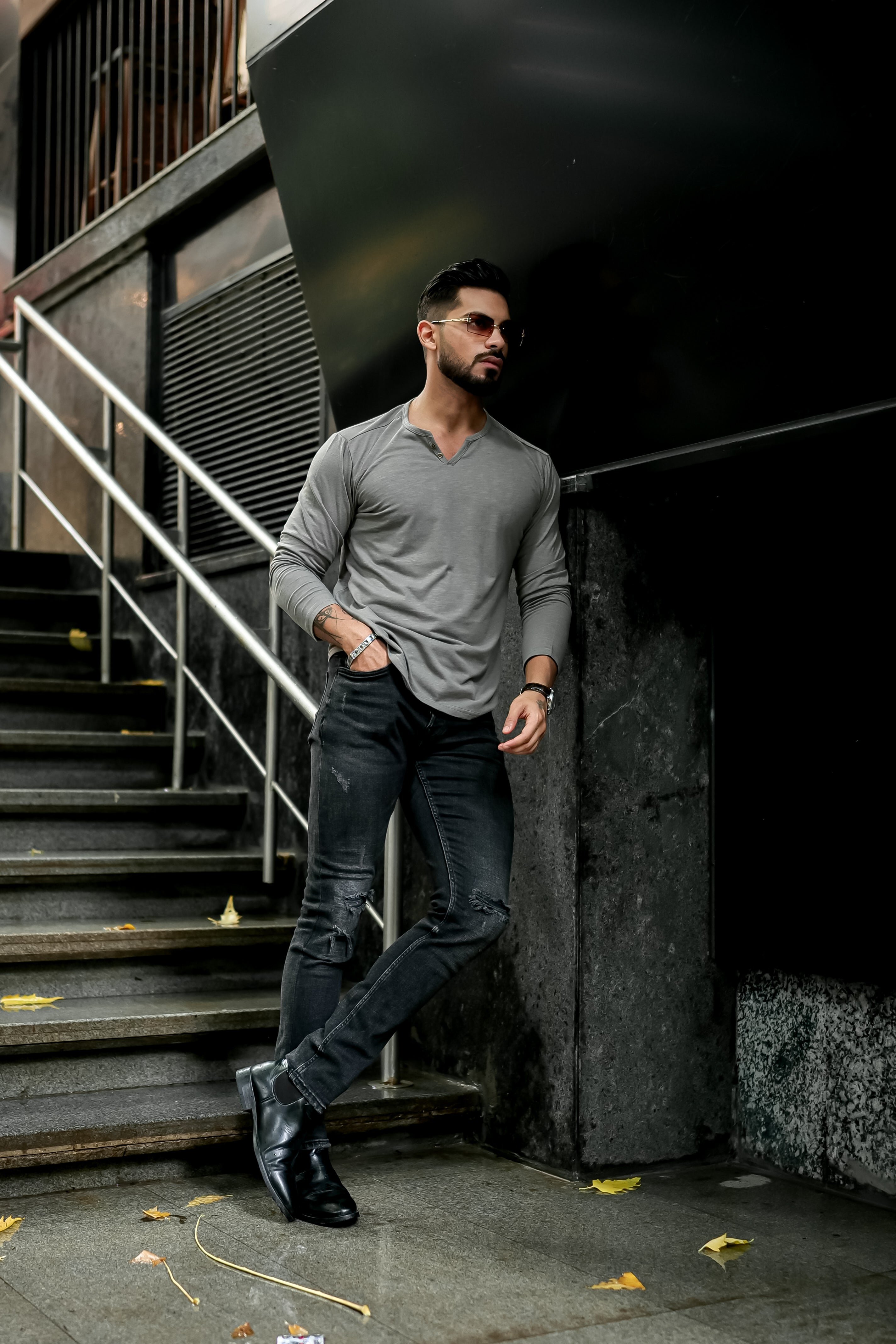 Grey Slub Open Henley Neck T-Shirt