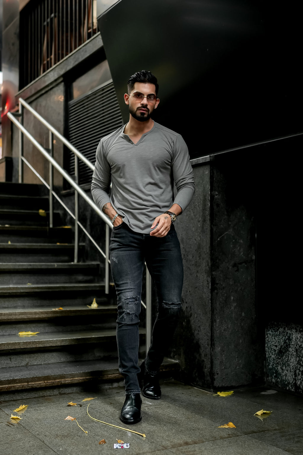 Grey Slub Open Henley Neck T-Shirt