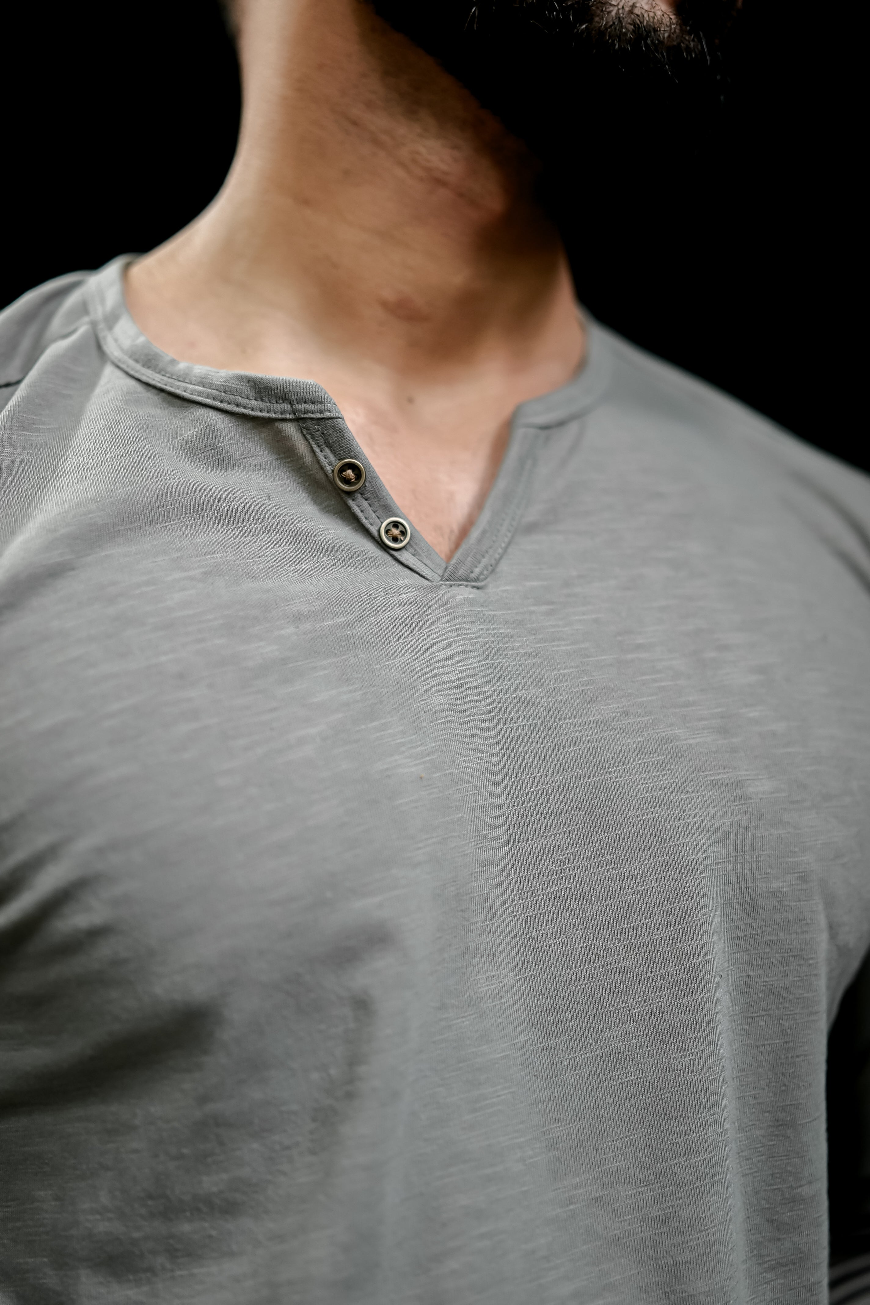 Grey Slub Open Henley Neck T-Shirt