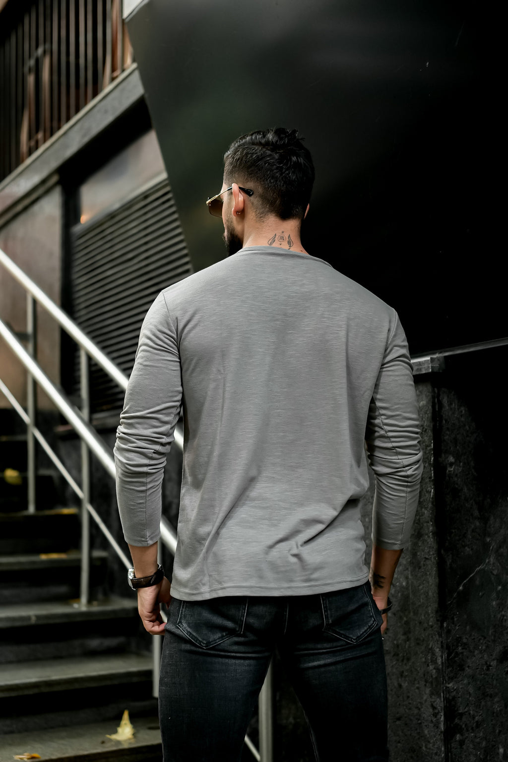 Grey Slub Open Henley Neck T-Shirt