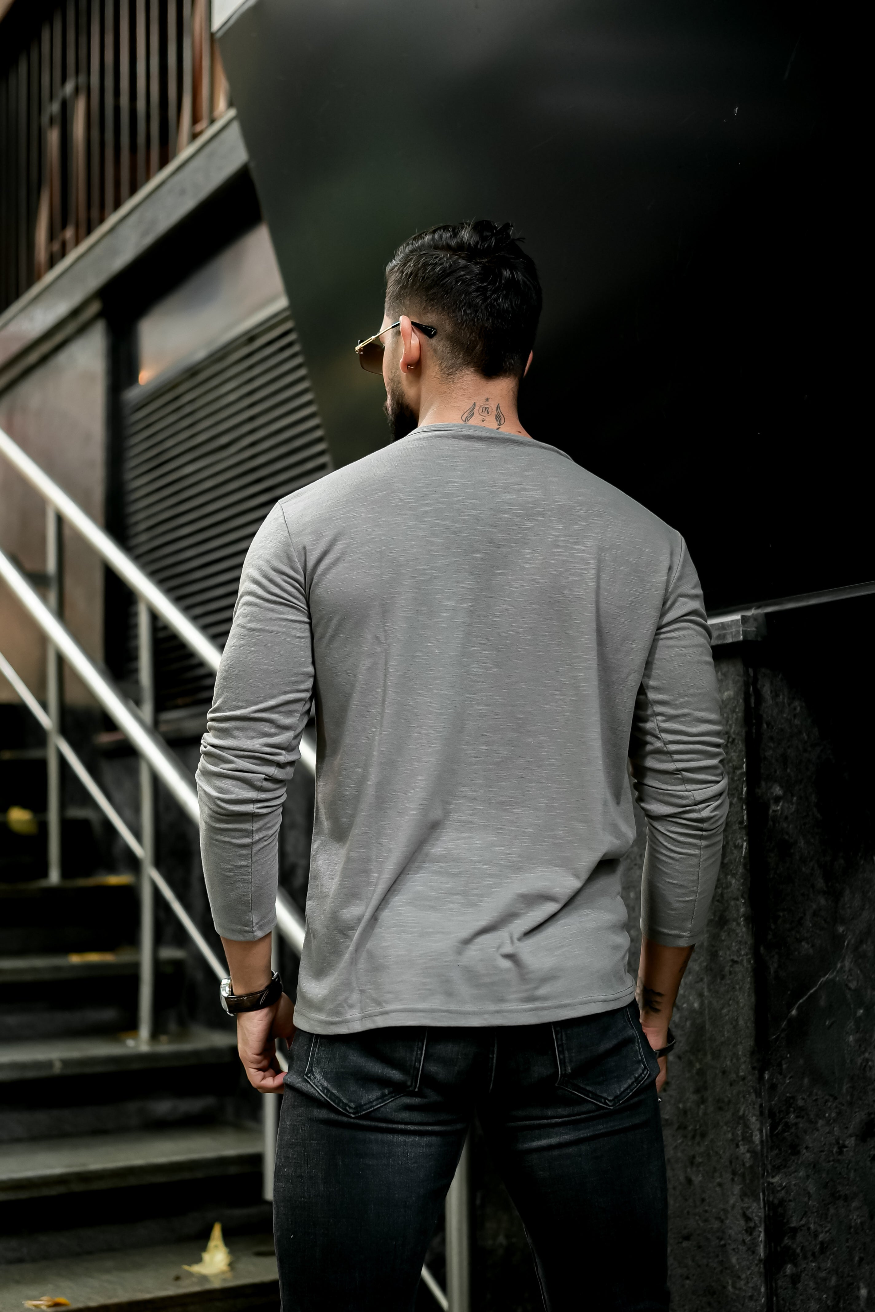 Grey Slub Open Henley Neck T-Shirt