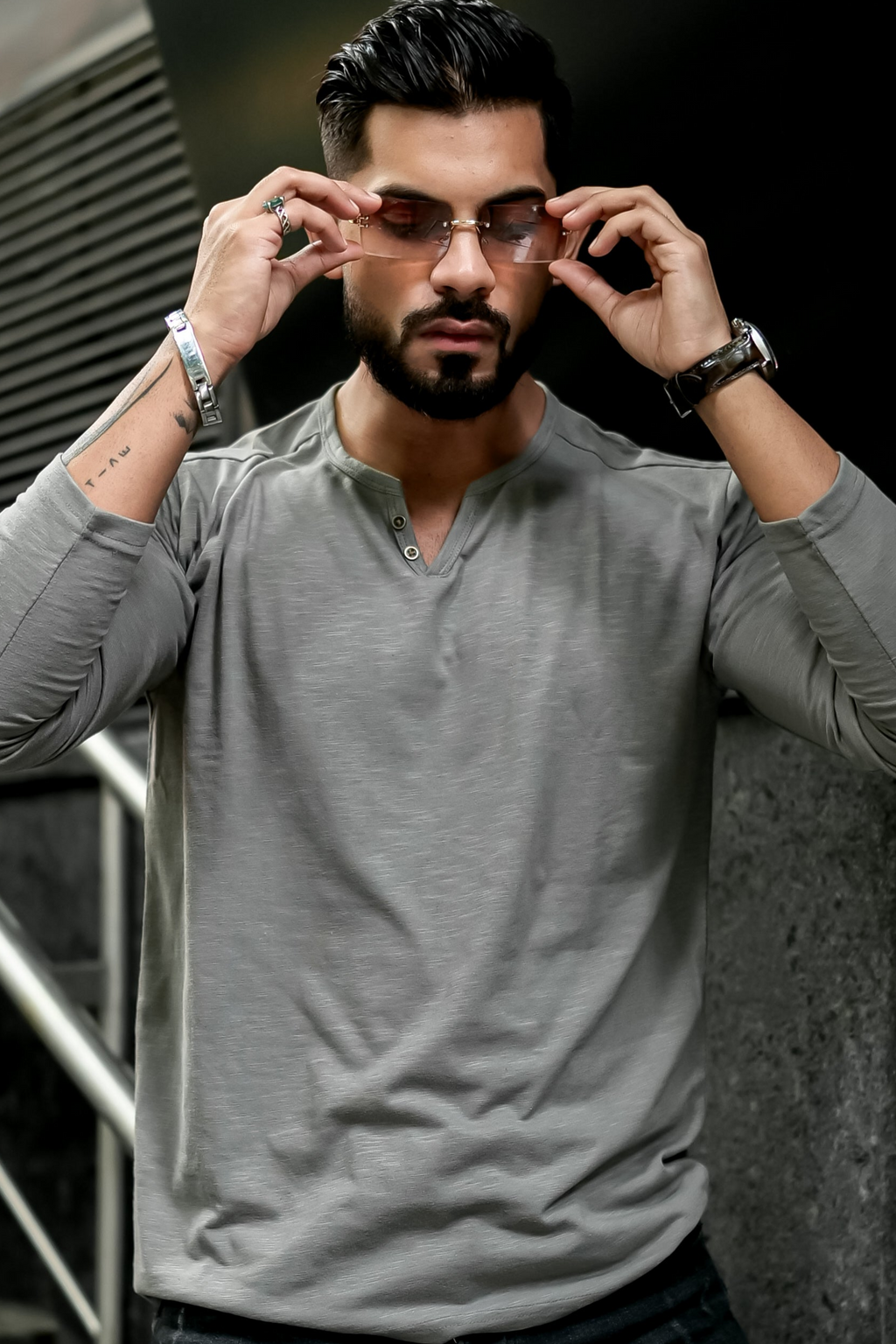 Grey Slub Open Henley Neck T-Shirt