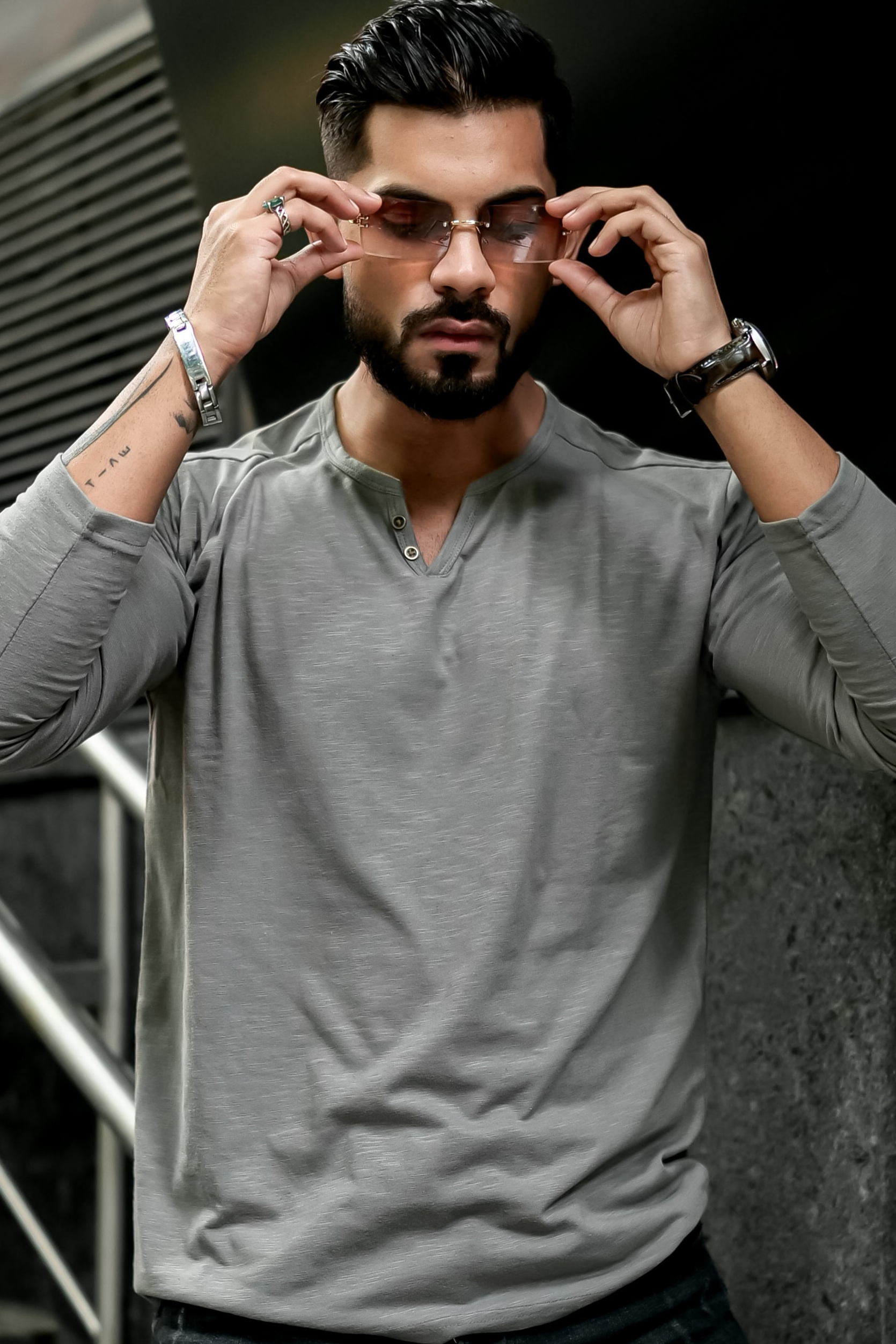 Grey Slub Open Henley Neck T-Shirt