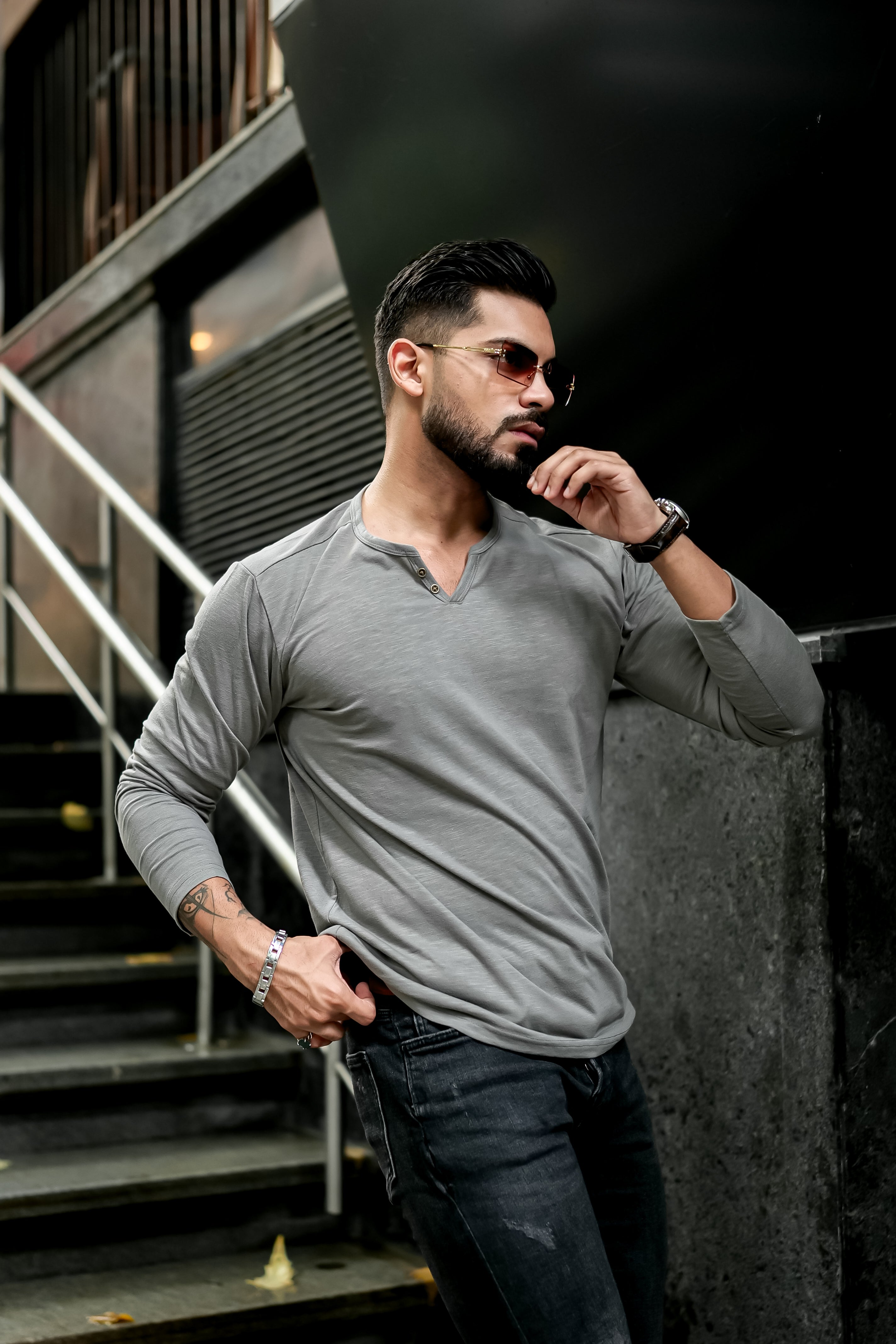 Grey Slub Open Henley Neck T-Shirt