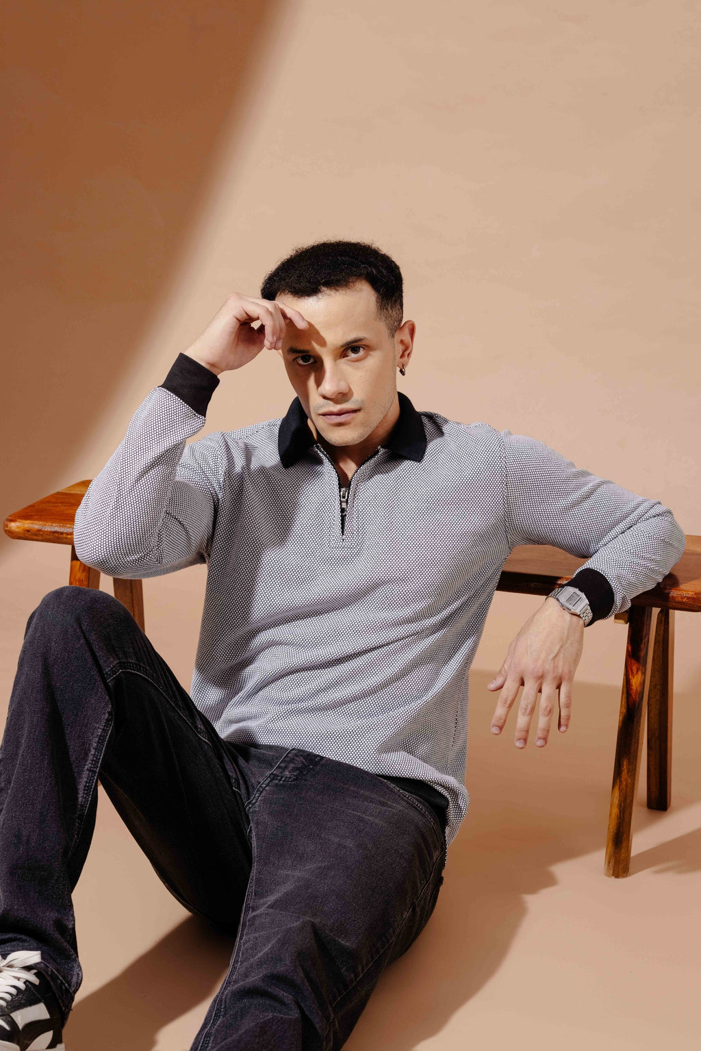 Black Self Design Zipper Collar T-Shirt