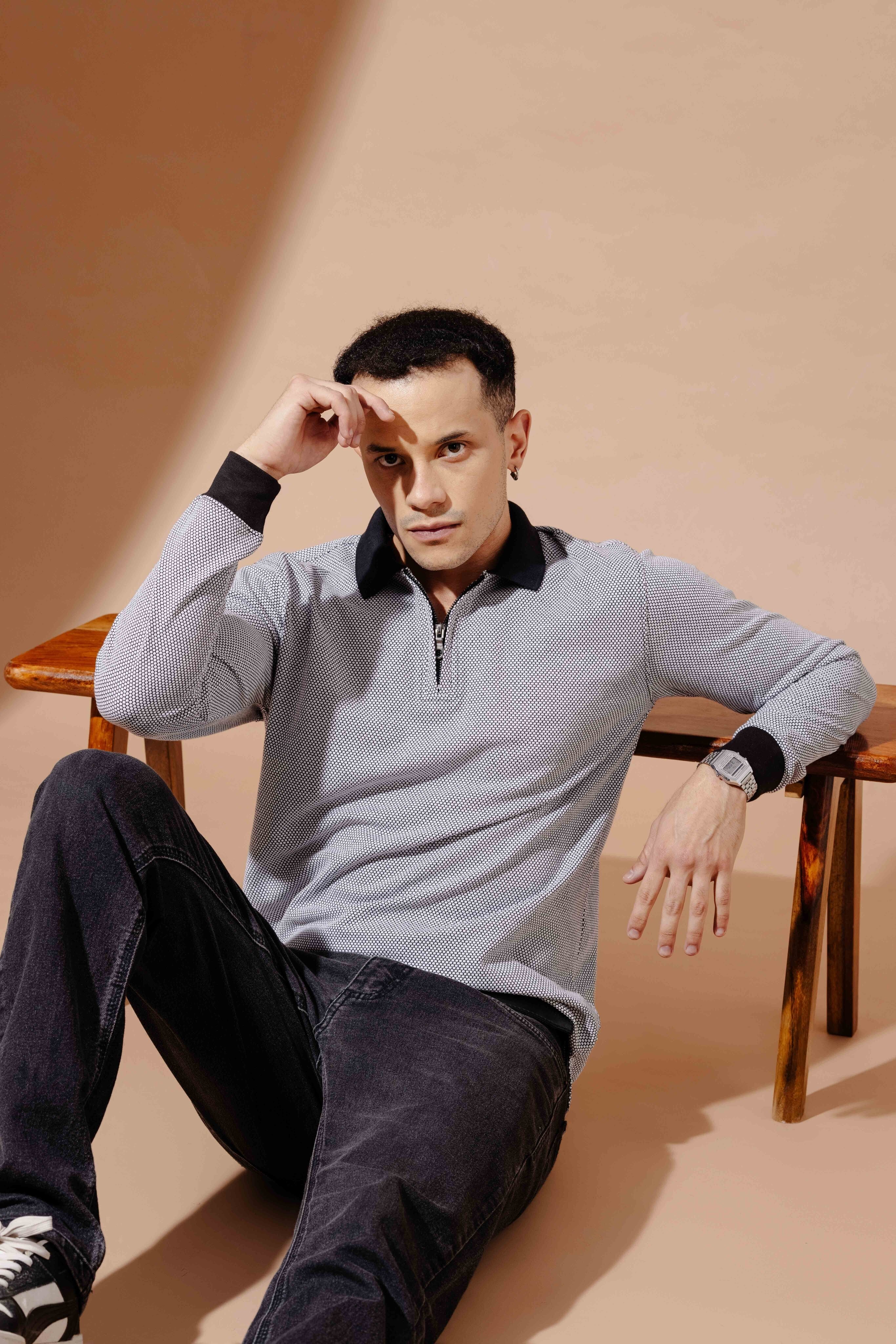 Black Self Design Zipper Collar T-Shirt